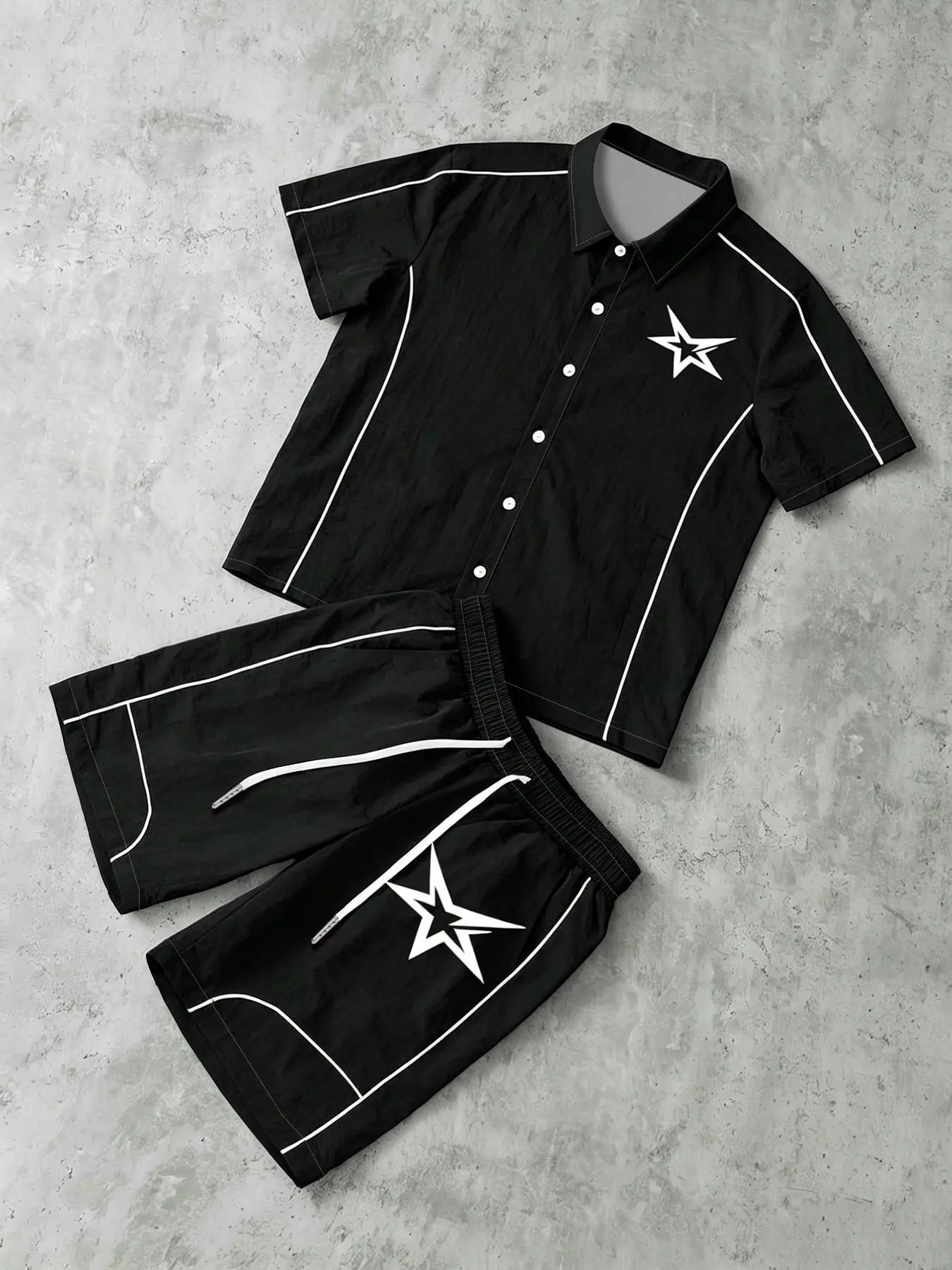 Y2K Retro Star Print Men's Two-Piece Set, Casual Activewear Set, Loose Fit Lightweight Quick-Dry Jacket & Shorts, Outdoor Sports Streetwear for Daily Wear, Summer Sports