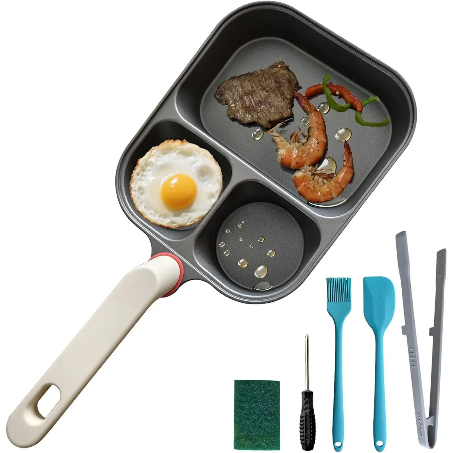 9.25" Titanium Nonstick Divided Egg Pan, 3-In-1 Breakfast Skillet with 2 Round & 1 Square Compartments, Induction & Gas Compatible, PFOA/PTFE Free, Cook Eggs, Pancakes & Bacon Simultaneously