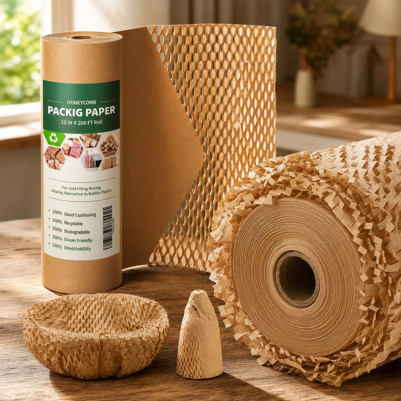 Honeycomb Packing Paper 12 in x 200 ft - Recyclable Biodegradable Bubble Cushioning Wrap for Moving, Shipping & Gift Wrapping with 20 Fragile Sticker Labels(Gift)