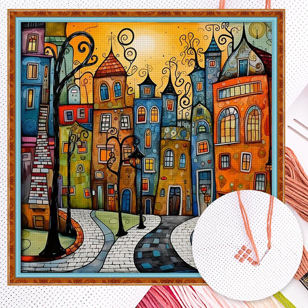 Colorful Houses Full 14CT DIY Counted Embroidery Needlepoint Starter Kits 15.75x15.75inch Cross Stitch Patterns Arts Craft Kits for Beginners Adults Home Decor