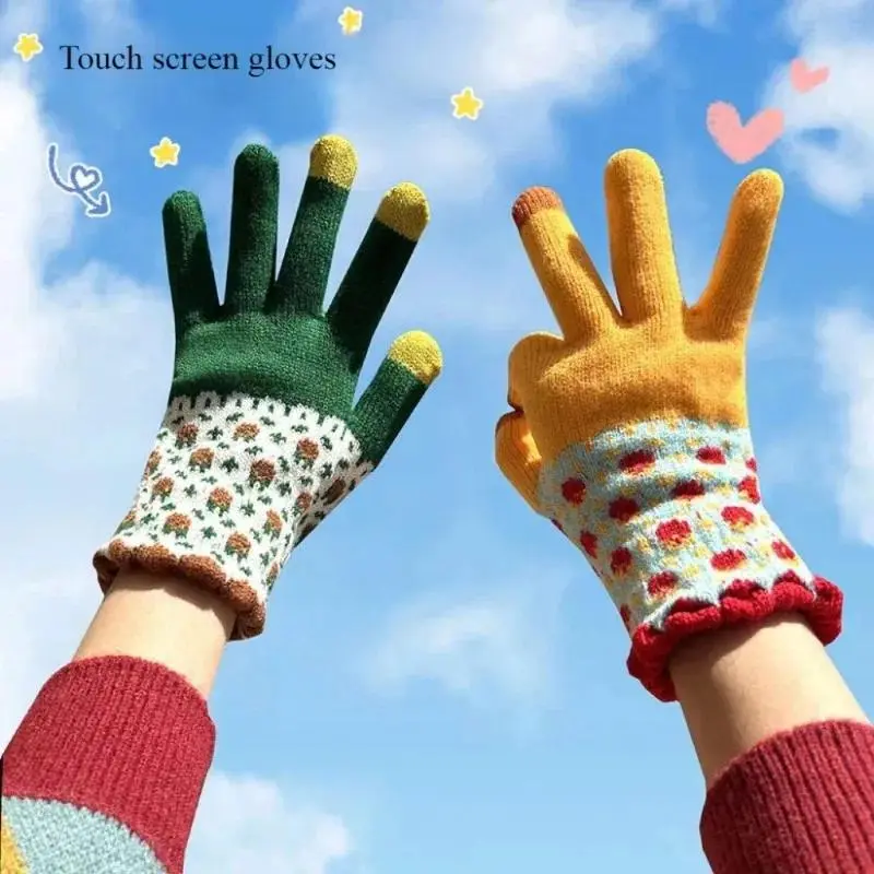 Cute Color Block Touchscreen Knit Gloves for Women - Cozy Fleece-Lined Thermal Winter Gloves, Stylish Contrasting Color Hand Warmers, Thick Windproof Cold Weather Gear, Ideal for Cycling, Daily Commute & Holiday Gift