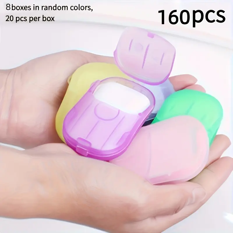 8 Boxes, 160 Pcs Total-Travel Soap Paper Sheets with Random Color Soap Boxes, Portable Mini Hand Washing Soap Flakes, Random Colors