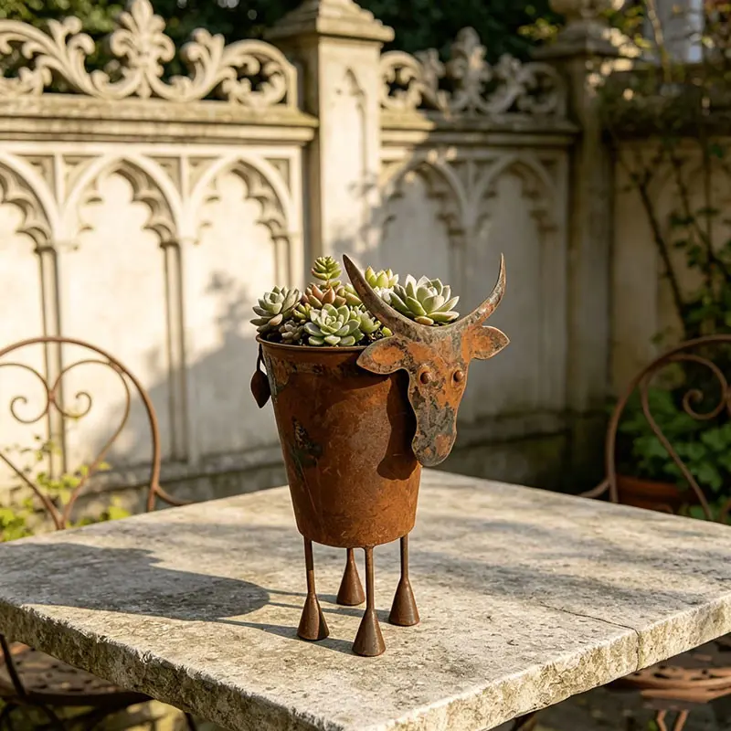 Vintage Rustic Bull Head Iron Planter, Country Style Succulent Flower Pot, Outdoor Garden Decor, Festival Atmosphere Potted Plant Container