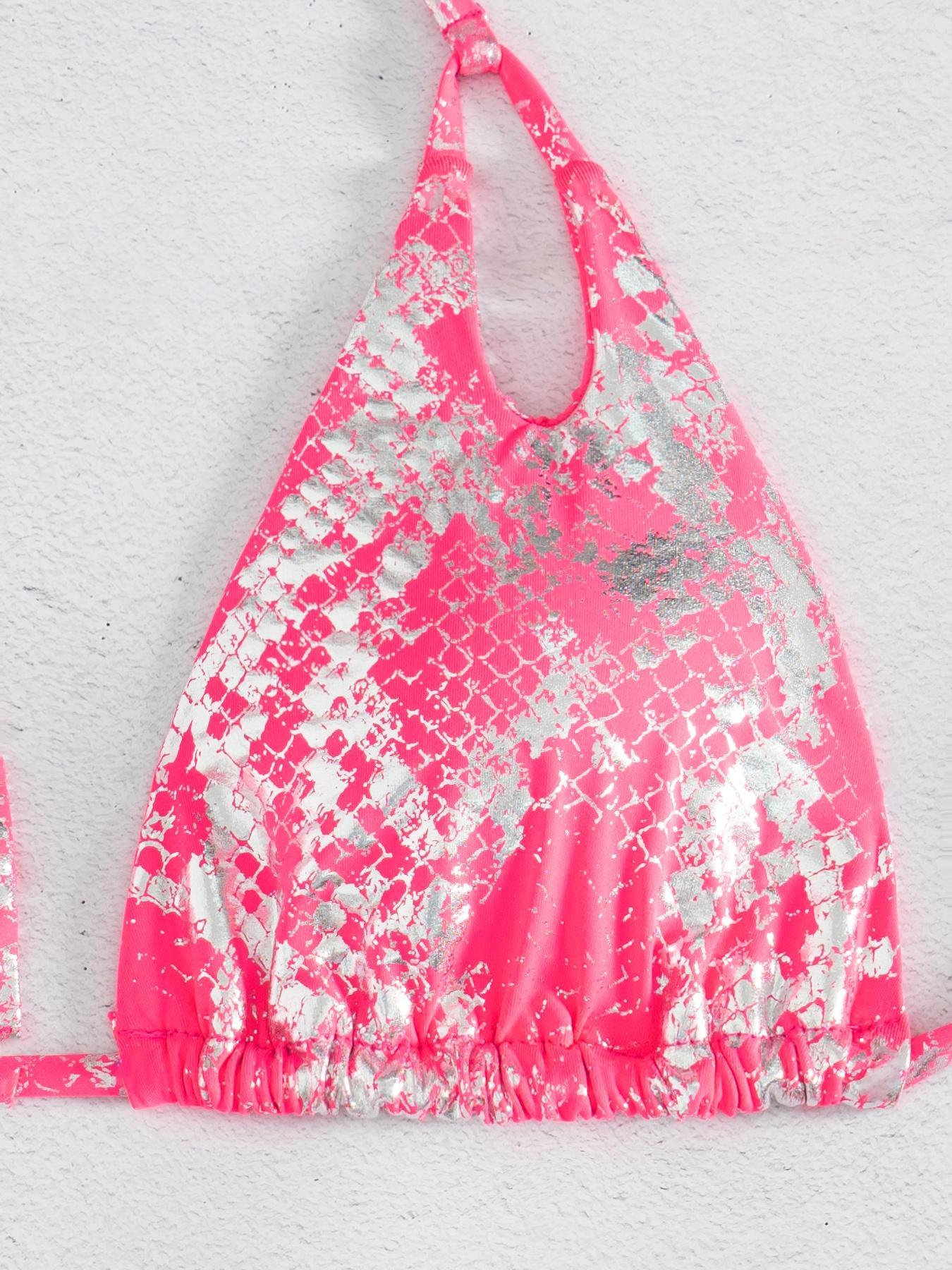 Two-Piece Set Women's Snakeskin Print Glossy String Bikini Set, Sporty Halter Neck Tie Back Triangle Swim Bra & Tie Side High Cut Swim Panty, Two-piece Swimsuit for Beach Holiday Vacation Tie Back Bikinis