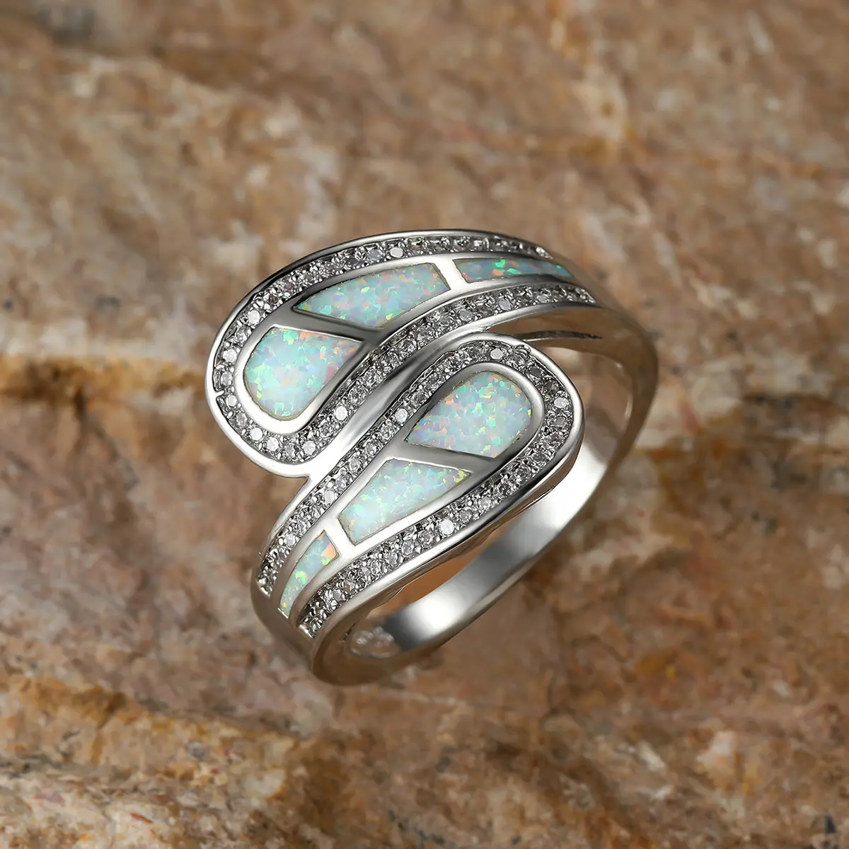 White Opal Wave Ring, Sterling Silver Plated Statement Ring, Sparkling CZ Elegant Jewelry, Gift for Her