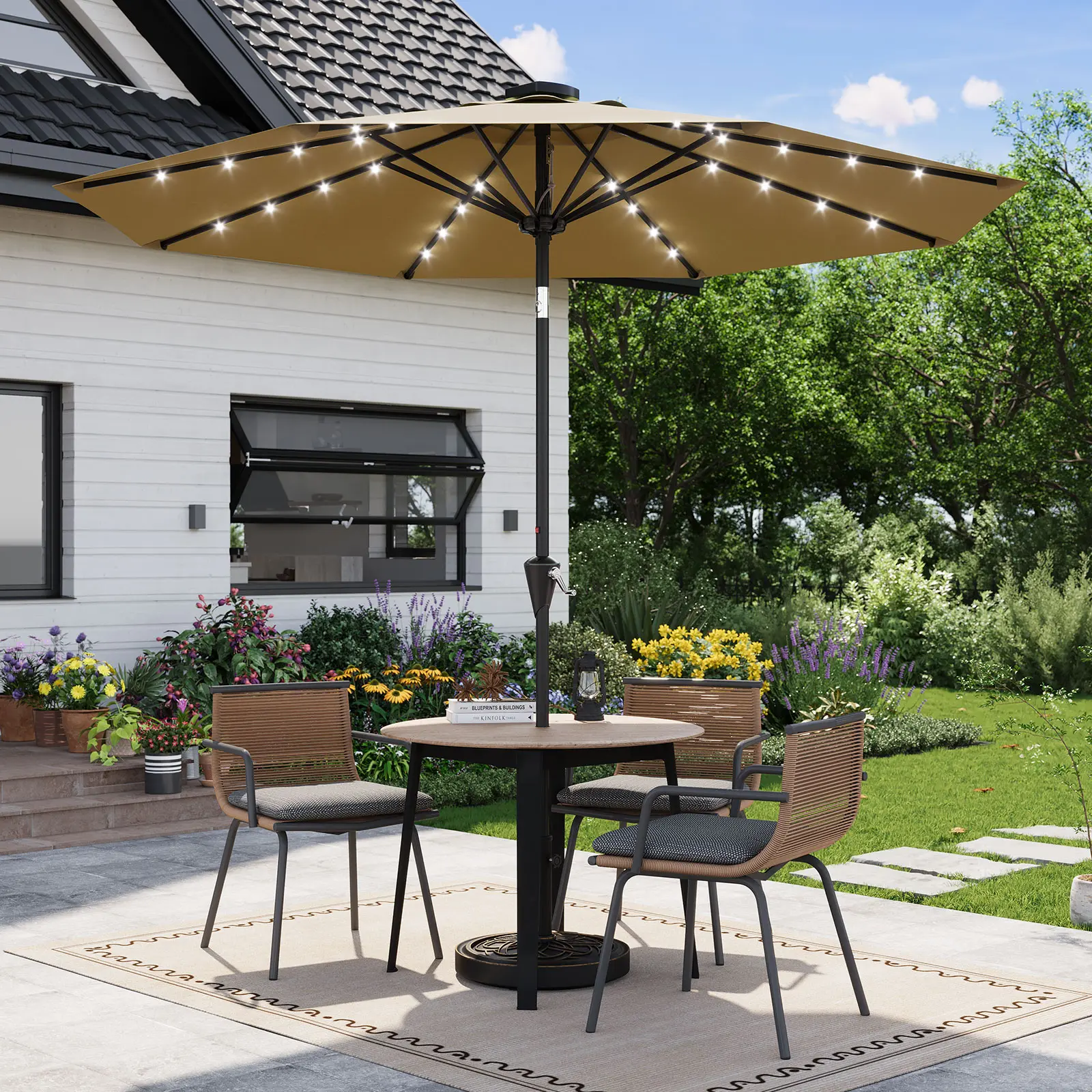 10FT Solar‑Powered Patio Umbrella with 32 LED Lights, UV‑Shield Waterproof Canopy, Crank Lift & Push‑Button Tilt, 8 Heavy‑Duty Ribs