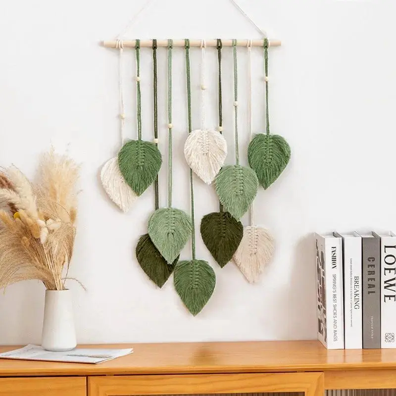 Hangable Leaf Shapes Macrame Wall Hanging, Boho Aesthetic Woven Fiber Wall Tapestry, Green Home Decor for Room, Wedding Festive Supplies