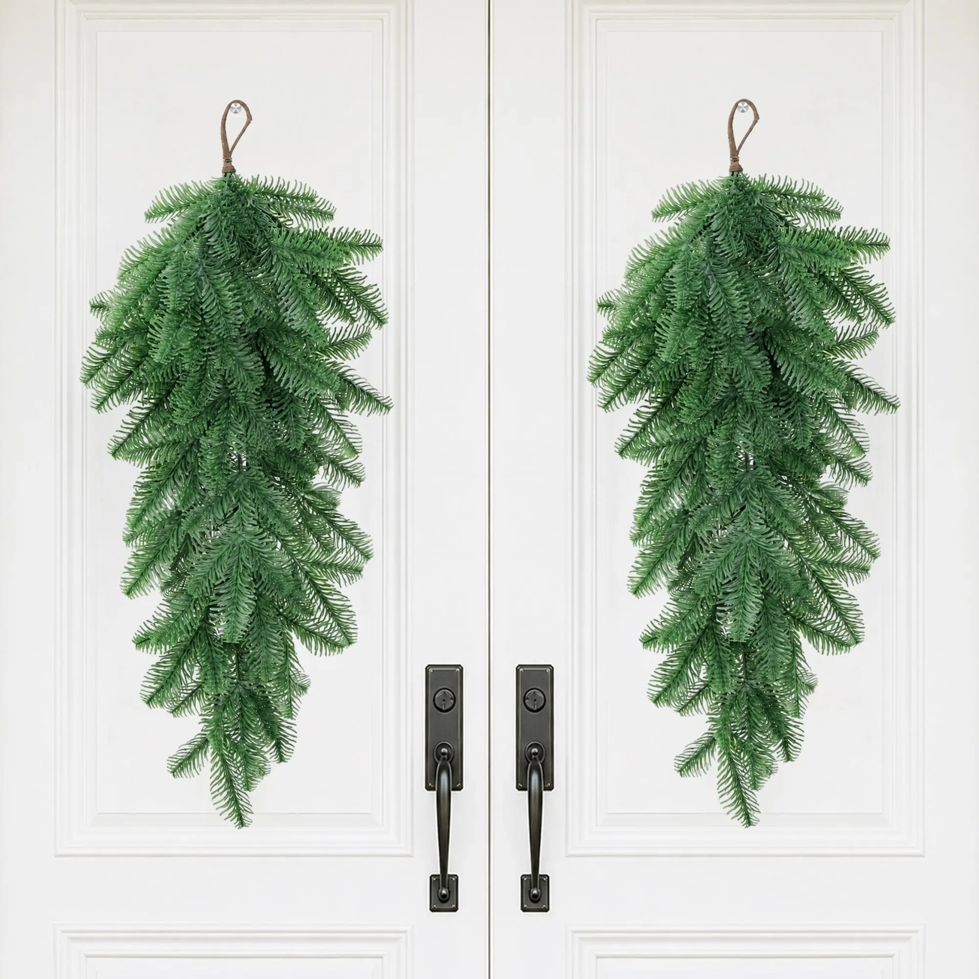 2 Pcs Extra Length Artificial Hanging Christmas Teardrop Swag, 32'' Real Touch Faux Greenery, Norfolk Pine Needle Wreath for Indoor Outdoor Decorations
