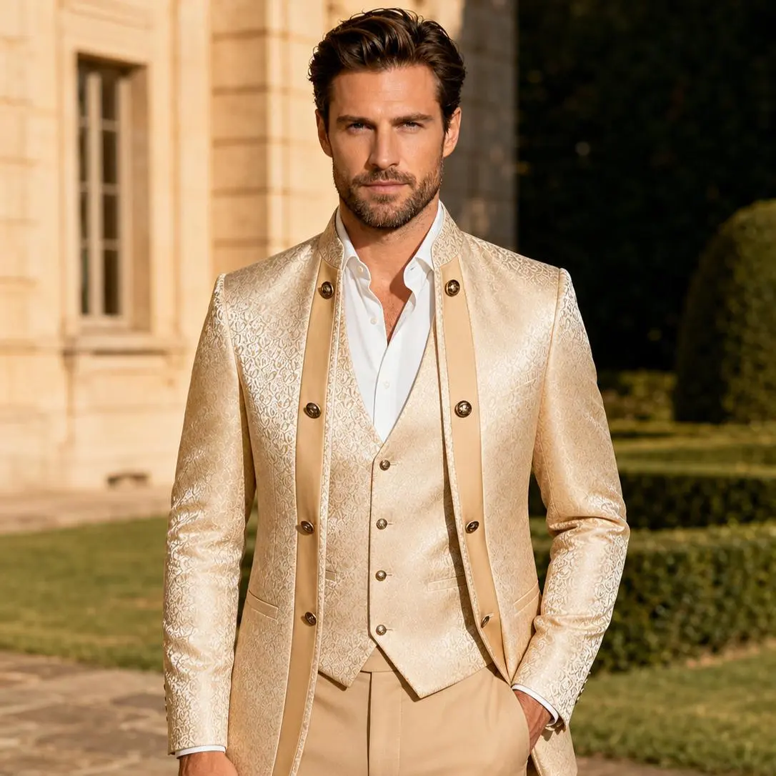 Men's Mandarin Collar 3-Piece Jacquard Formal Suit - Champagne Gold Blazer, Matching Vest & Trousers, Tailored Fit, Elegant Print, Button-Front, Wedding & Evening Wear