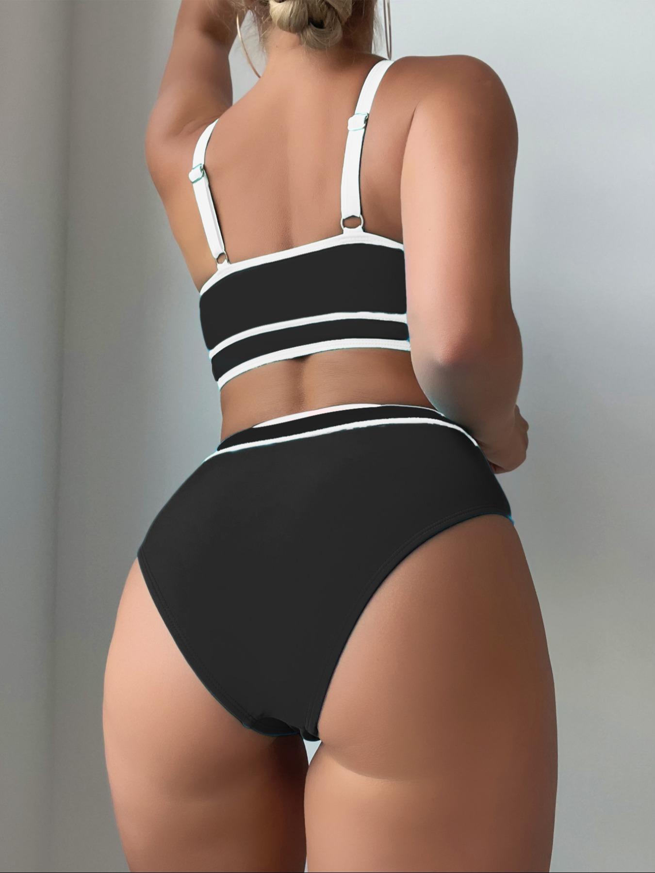 Women's Contrast Binding Bikinis Set, Casual Comfy Scoop Neck Swim Bra & High Waist Swim Panty Two Counts Swimsuit for Summer, Fashion Women's Swimwear for Beach Swimming