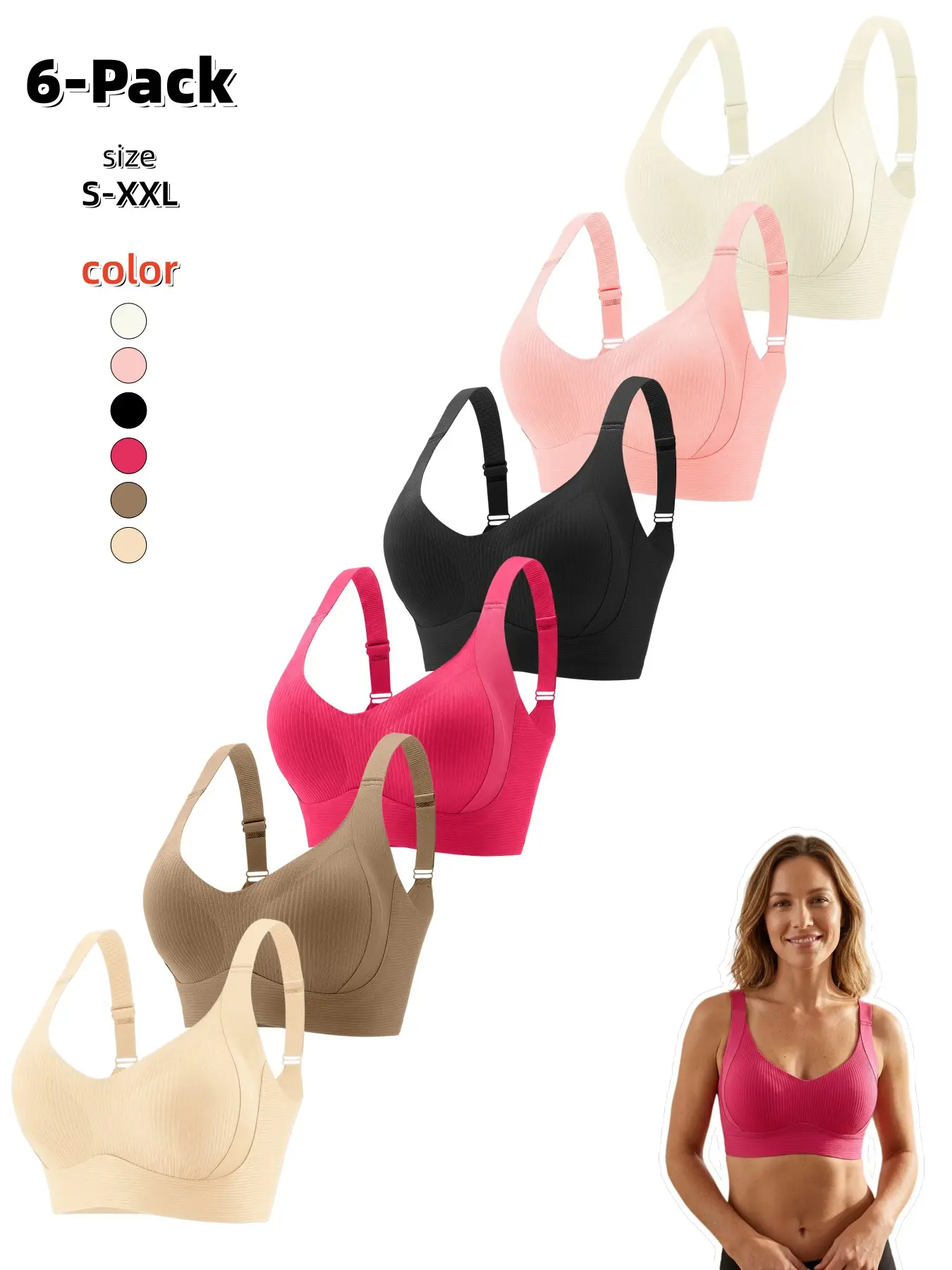 Women's Seamless Bra, Backless Wrap Top, Wire-Free Vest, Comfortable Smooth Thin Soft Back, Ideal for Sleep, Leisure, Yoga, Athleisure Bra, Sexy Lingerie, 6/4/2 Pack