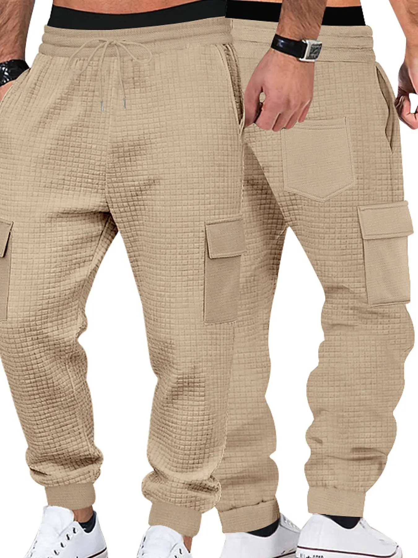 Men's American Vintage Work Pants, Heavyweight Jacquard Texture Cuffed Pants, Loose Elastic Durable Multi-Pocket, Fall Winter Outdoor Commute Wear