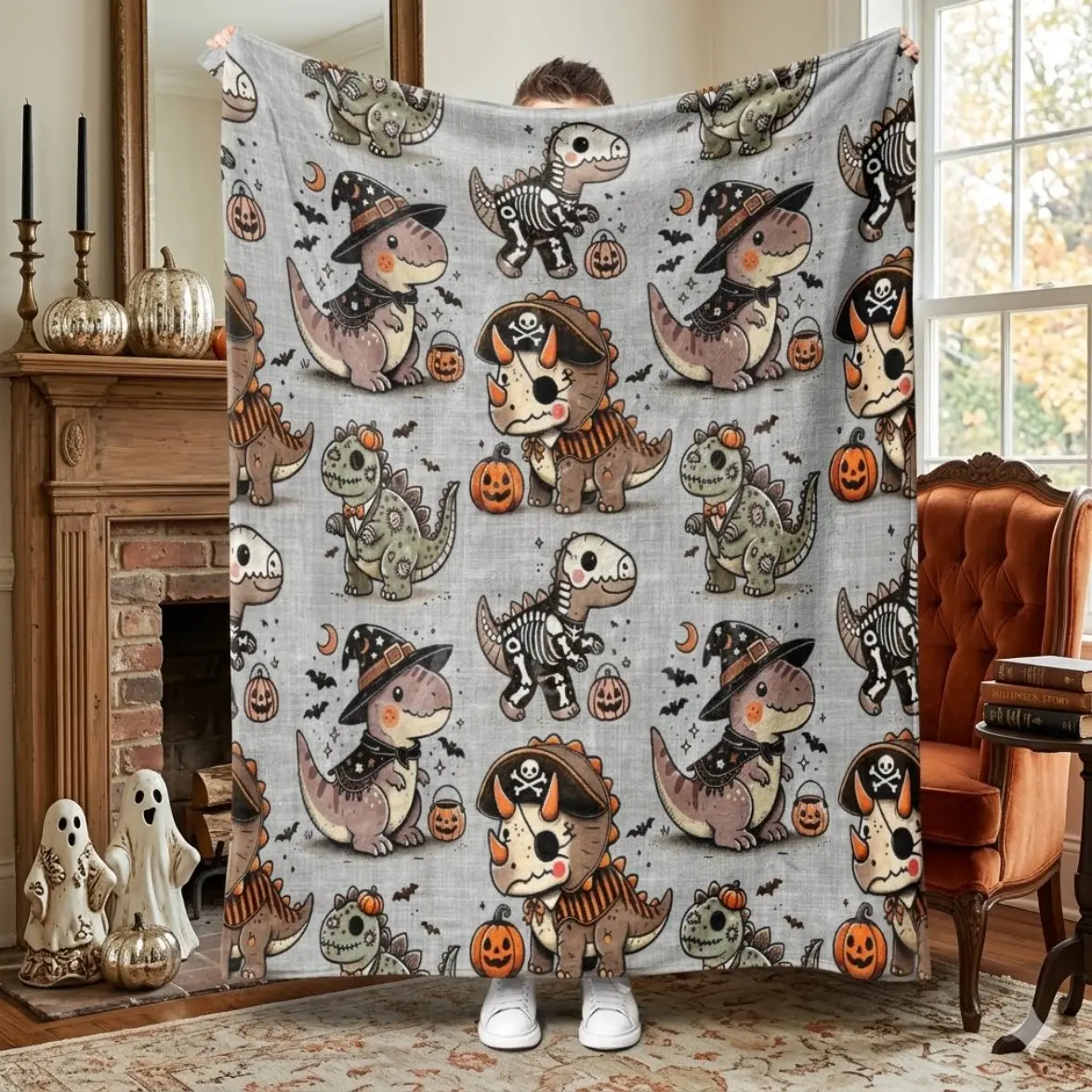 Cute Halloween Dinosaur Flannel Blanket, Spooky Pumpkin Dino Print Soft Cozy Throw Blanket for Bed & Couch, Festive Spooky Season Room Decor, Warm Holiday Christmas Birthday Gift for Kids Adults Couples, Grey