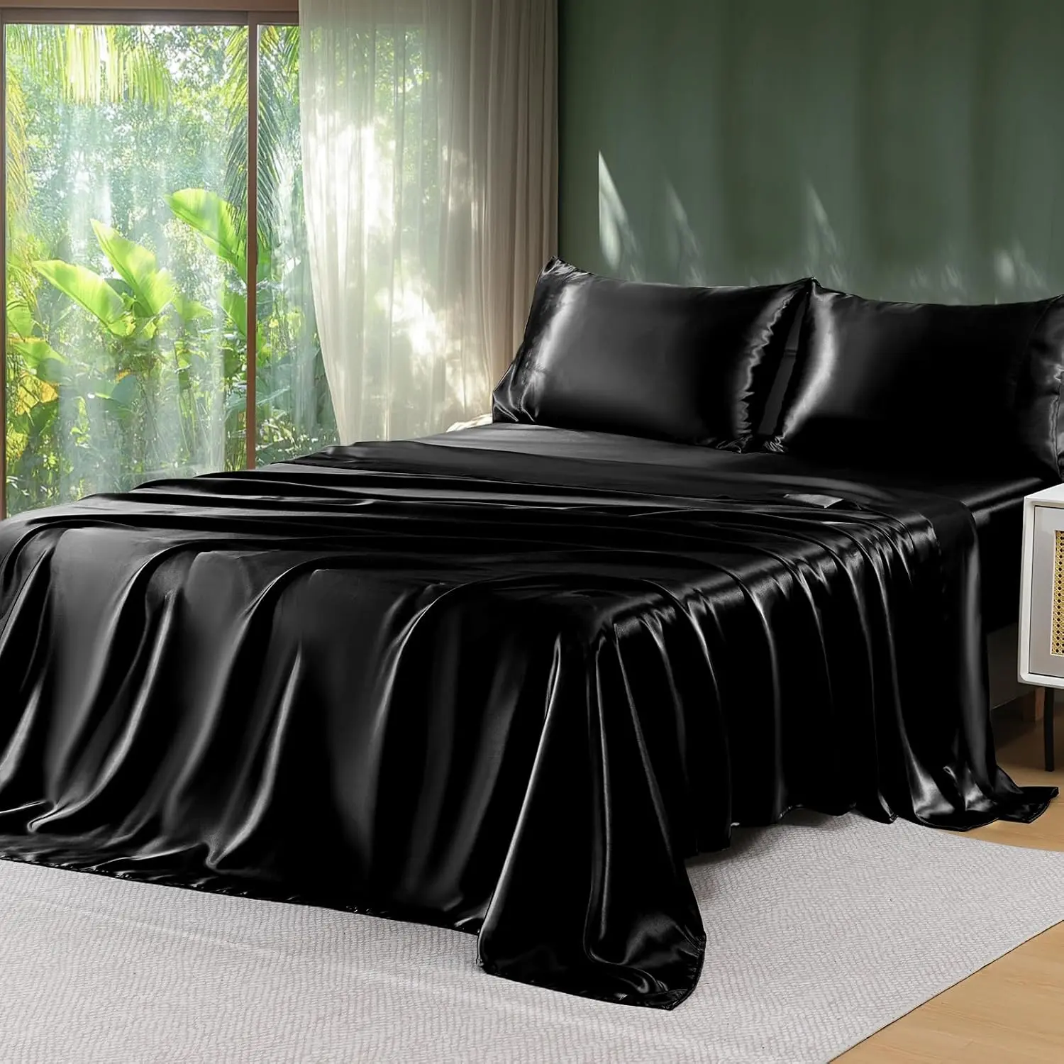 Sheets Full - 4 Pieces Luxury Soft Black Bed Sheets Set with Pillowcases - Silk-Like, Reinforced 14 Inches, Oeko-Tex Certified