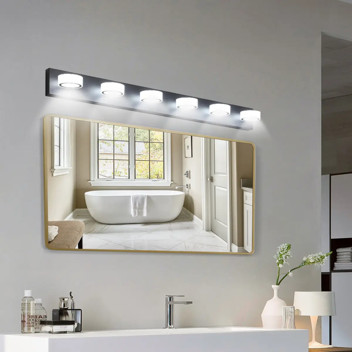 (Same as W1340110595/L2010) 45" Modern 6-Light LED Vanity Light, Sleek Black Bathroom Wall Light Fixture for Mior, Shower, and Bathroom Decor