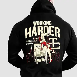 Men's Troll Co Working Harder Than A Stripper Casual Portrait Hoodie - Classic, Soft Fabrics, Prints, Layer-Friendly - Street Style, All Seasons Tops