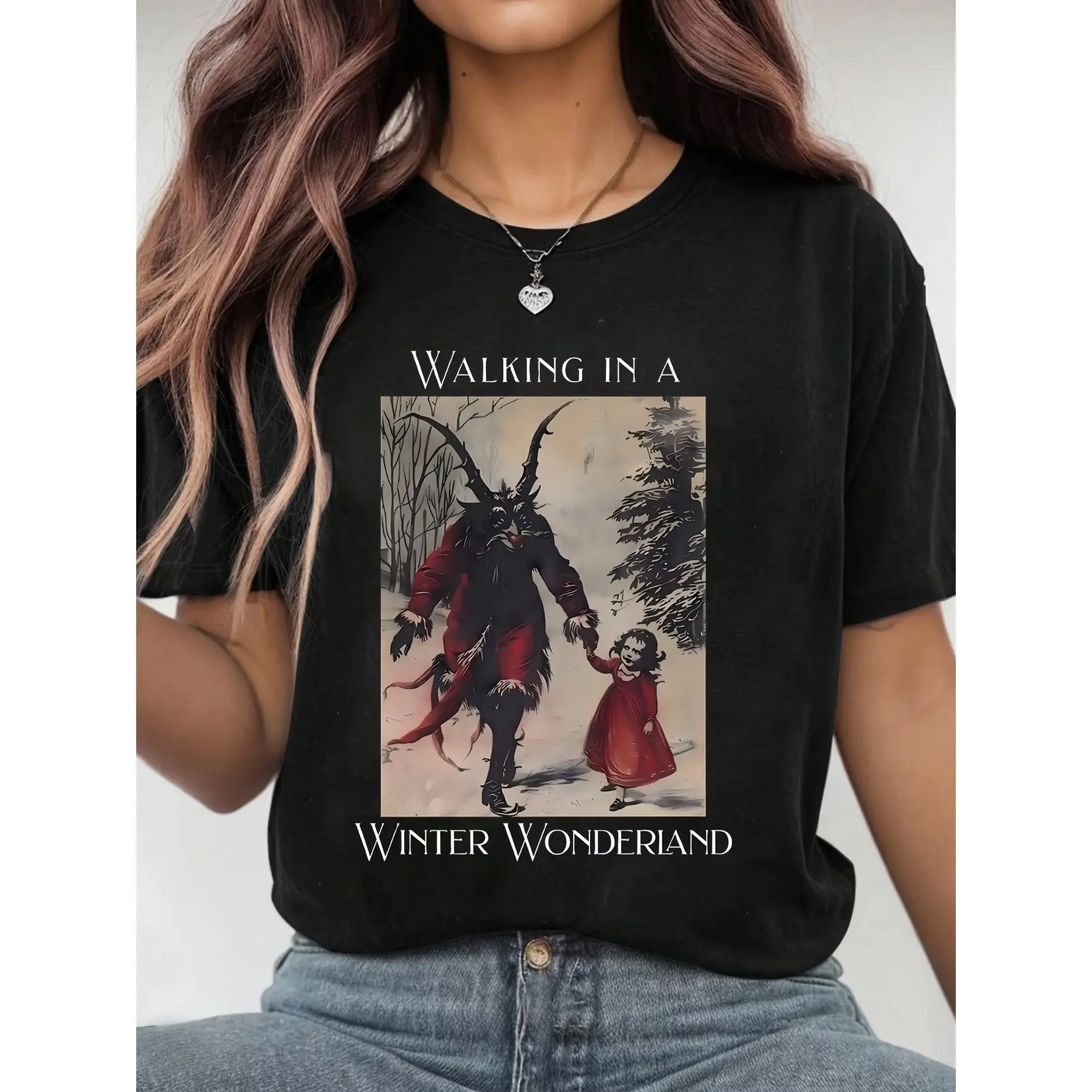 Women's Krampus Winter Wonderland Snow Graphic Tshirt - Oversized Cotton Top, Dark Christmas Garment, Comfortable Unisex Comfort Fit, Gothic Fashion Outfit, Ideal Holiday Gift, 100% Cotton, All Seasons