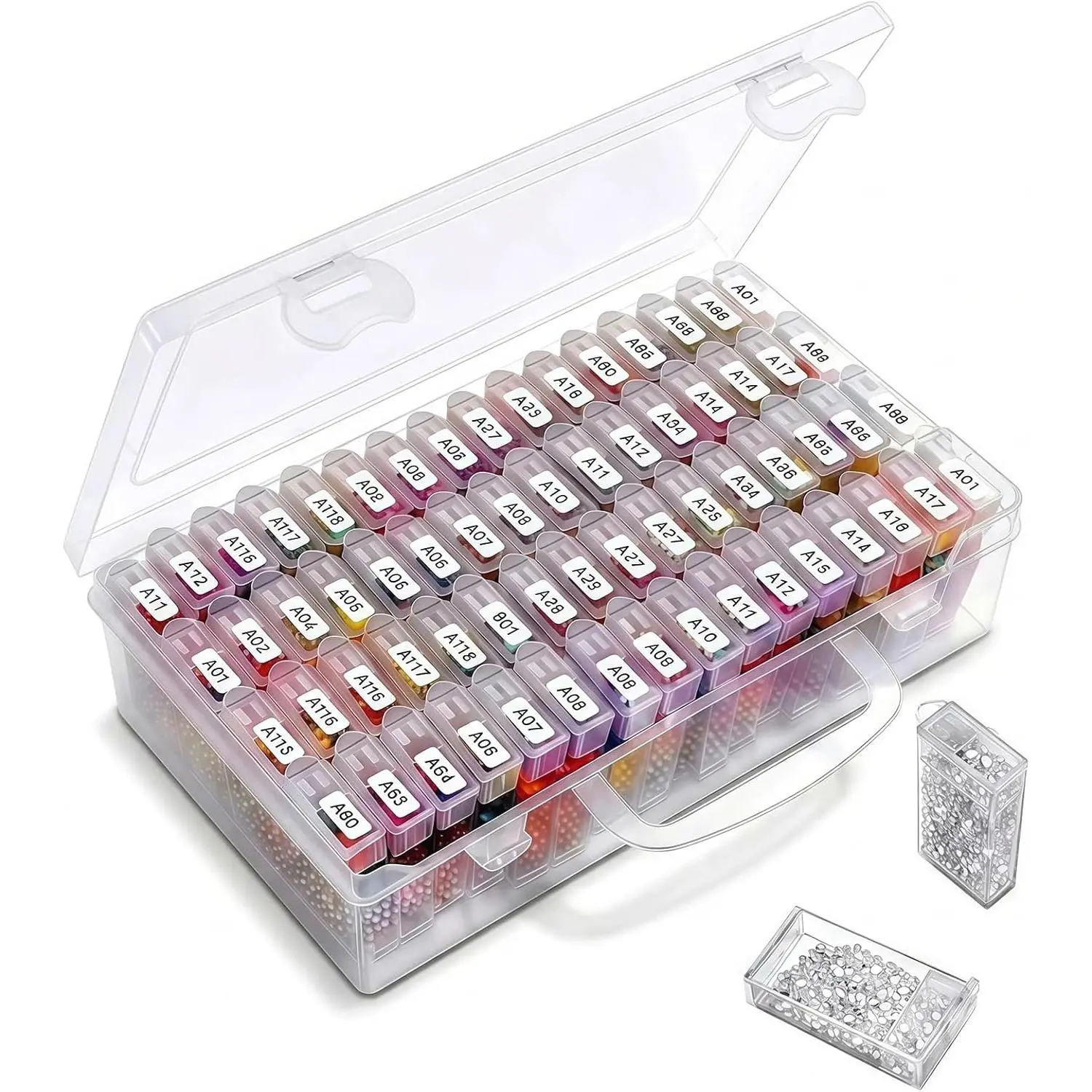 64-Grid Synthetic Art Storage Grid Box, Portable Transparent Home Organizer with Adjustable Dividers & Sticker Labels for Art Kits, Beads