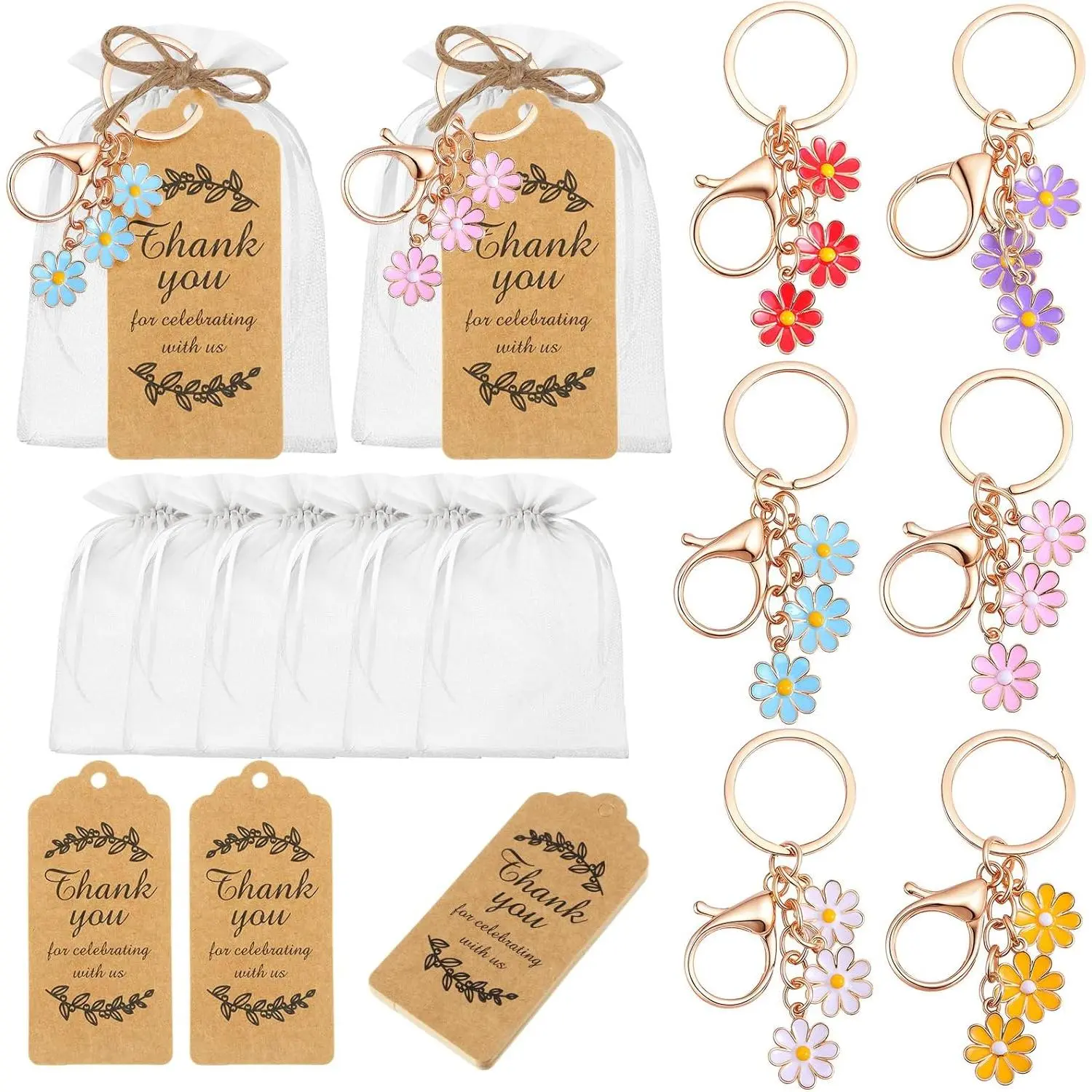 20 Set Flower Keychain Party Favor Wedding Gift Bulk Keyring Charm for Guest Baptism Bridal Shower(Multicolor,Daisy)