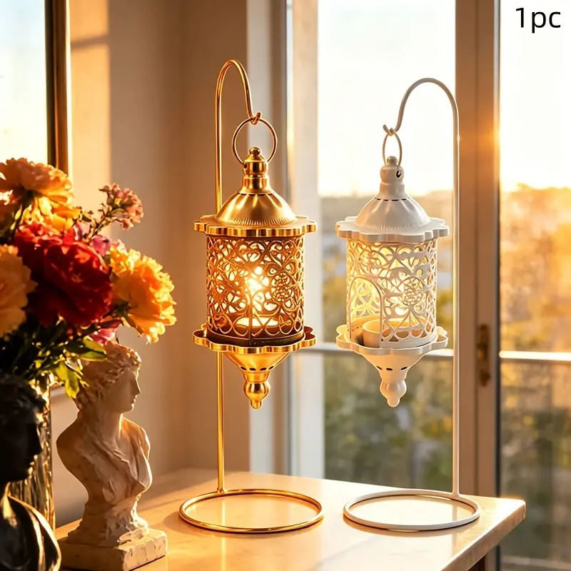 A retro leaky iron candle lampshade and base combination, Candle Holders, with a hollow light blue candle pedestal is suitable for home decoration, weddings and parties, and romantic home decoration in living room and bedroom.