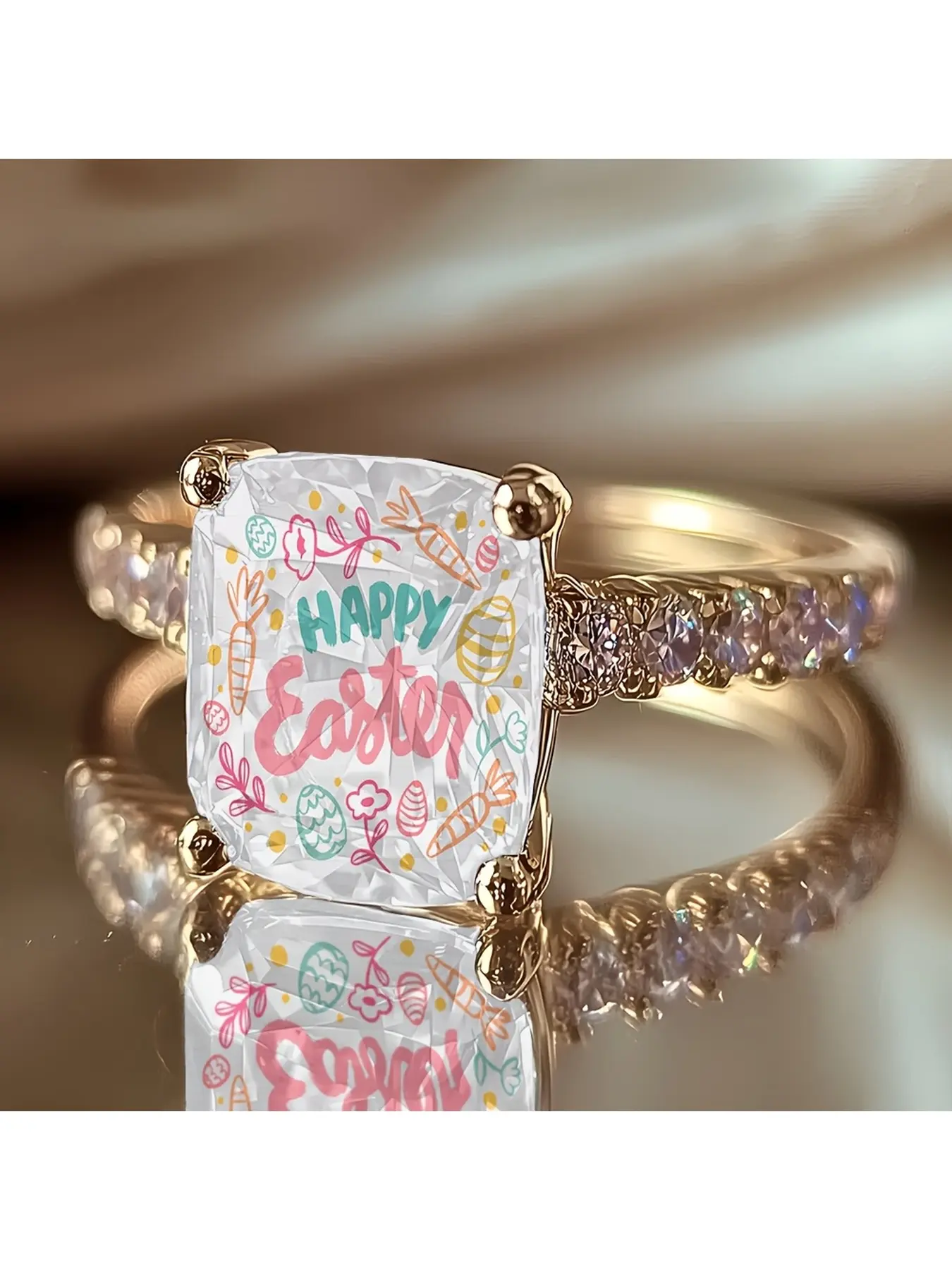 Rectangular Happy Easter Textured Embroidery Ring - Carrot Easter Egg Floral Pattern Ring - Sweet Easter Gift for Ladies as a Festive Decoration
