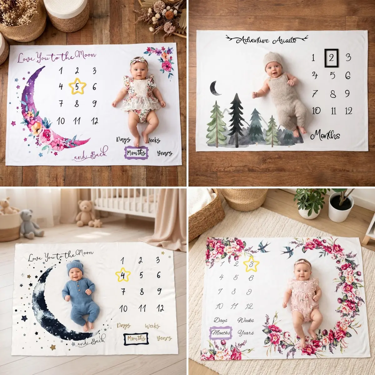 Newborn Baby Milestone Blanket Set, Forest Starry Floral Crescent Theme, Cute Monthly Photo Props, Photography Accessories, Celebrate Infant Memory Blanket
