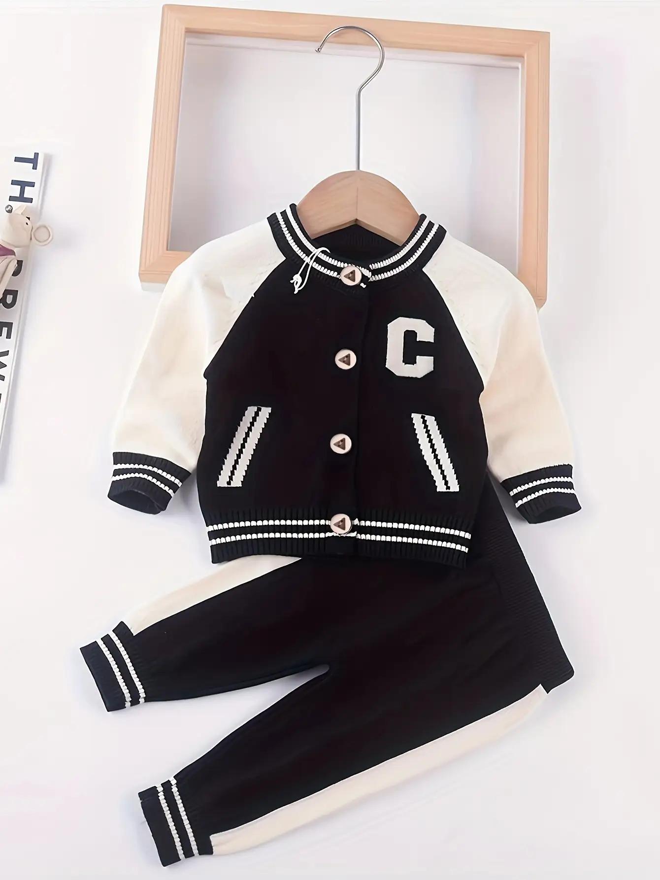 NewNewborn Boy Spring/Autumn Outfit Set    2-Piece Lettered Cardigan + Knit Long Pants – Stylish & Cozy for Outdoor Strolls! Adorable Infant Sweater Set, Soft for Daily Wear ✨