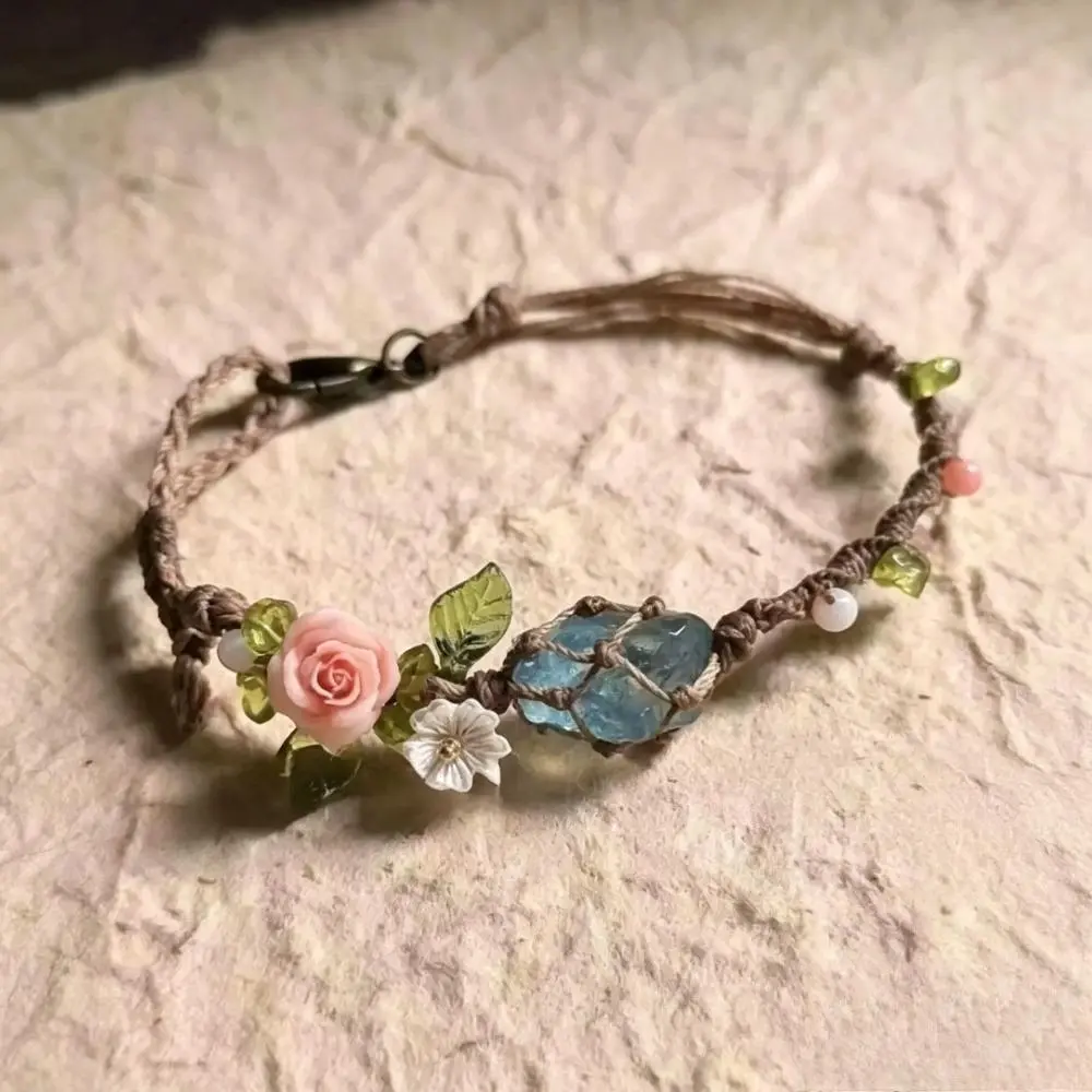 Handmade Bohemian Floral Bracelet for Women, Dainty Light Ocean Style Wrist Jewelry Inlaid with Synthetic Gemstones & April Birthstone, Versatile Accessory for Daily Wear & Parties, Thoughtful Valentine’s Day Gift