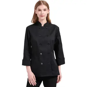 Women Long Sleeve Black Double Breasted Chef Jacket Uniform for Kitchen Restaurant Bakery
