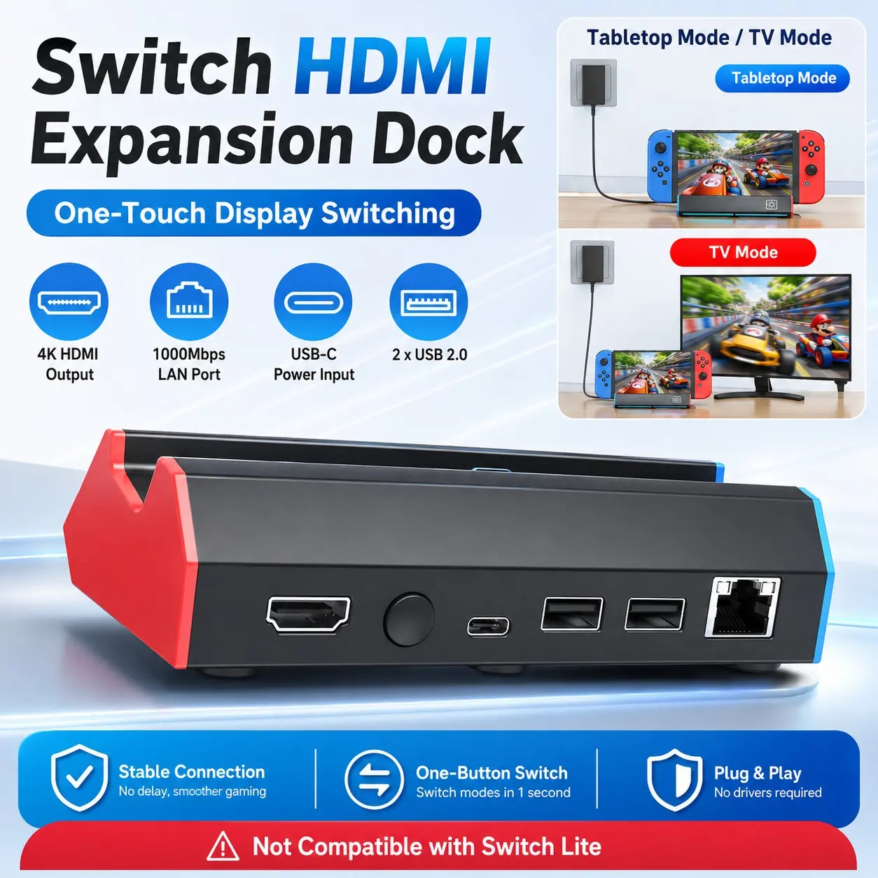 Nintendo Switch HDMI Video Converter, Gigabit Ethernet Port, Portable Game Console Base, Connects to TV, Extends Gaming Experience