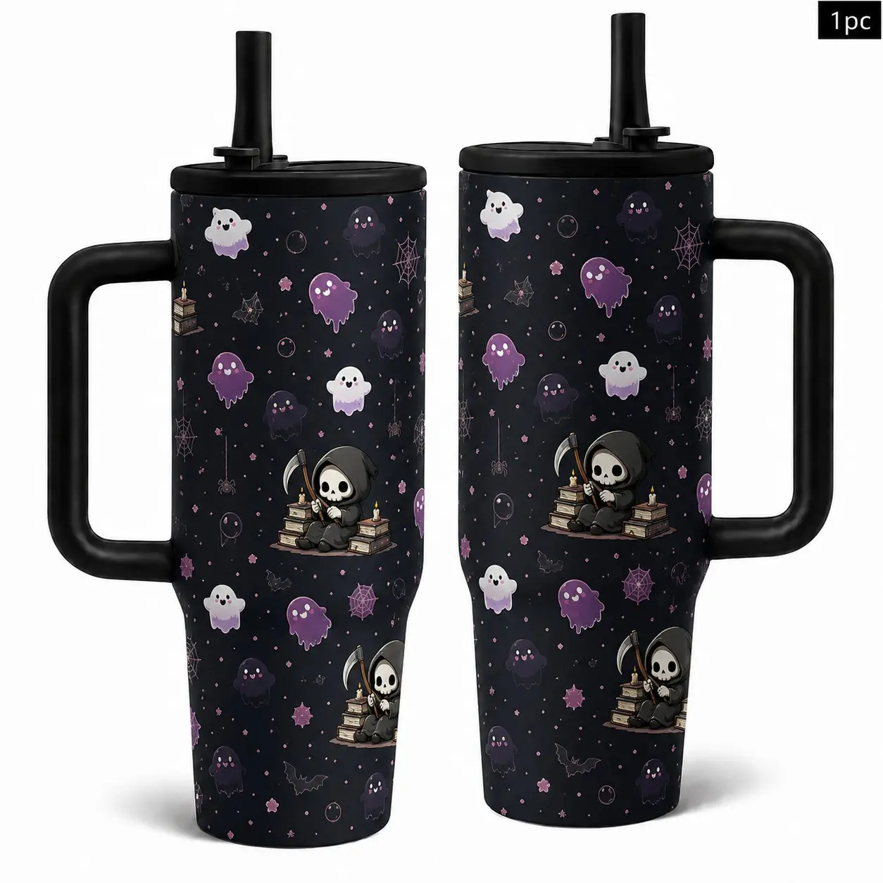 1PC 40oz Cute Grim Reaper Ghost Book Pattern Leakproof Insulated Tumbler with Handle & Straw, Double Wall Vacuum Leak-Proof Travel Mug, Hot 12H Cold 24H, Large Capacity Cup for Men Women, Halloween Birthday Gift