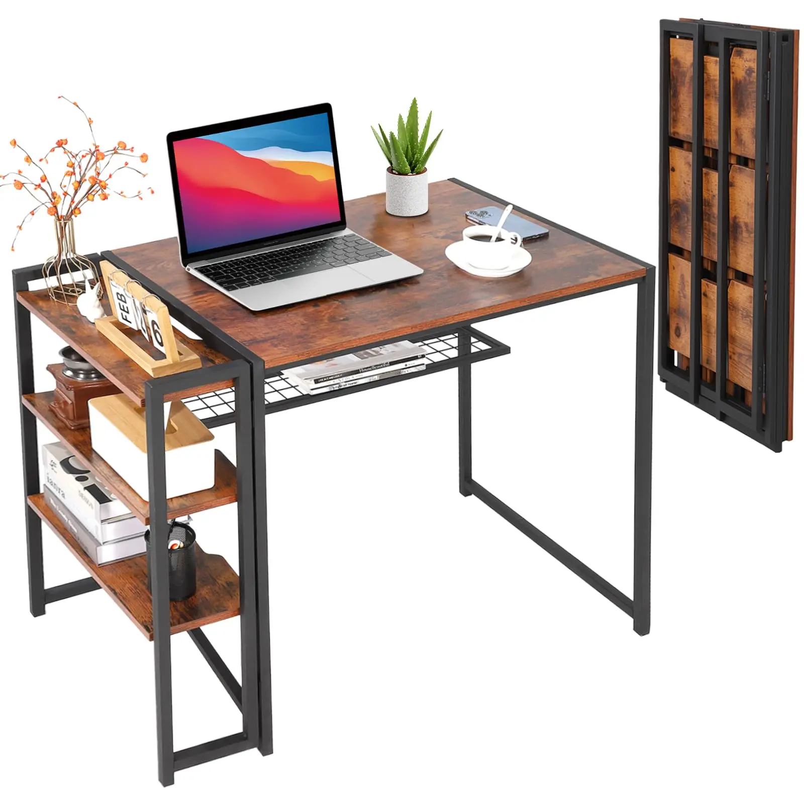 No Assembly Folding Home Office Desk, 35" Foldable Computer Table with Open Storage Shelf, Lightweight Portable Workstation for Dormitory, Bedroom and Small Space Study