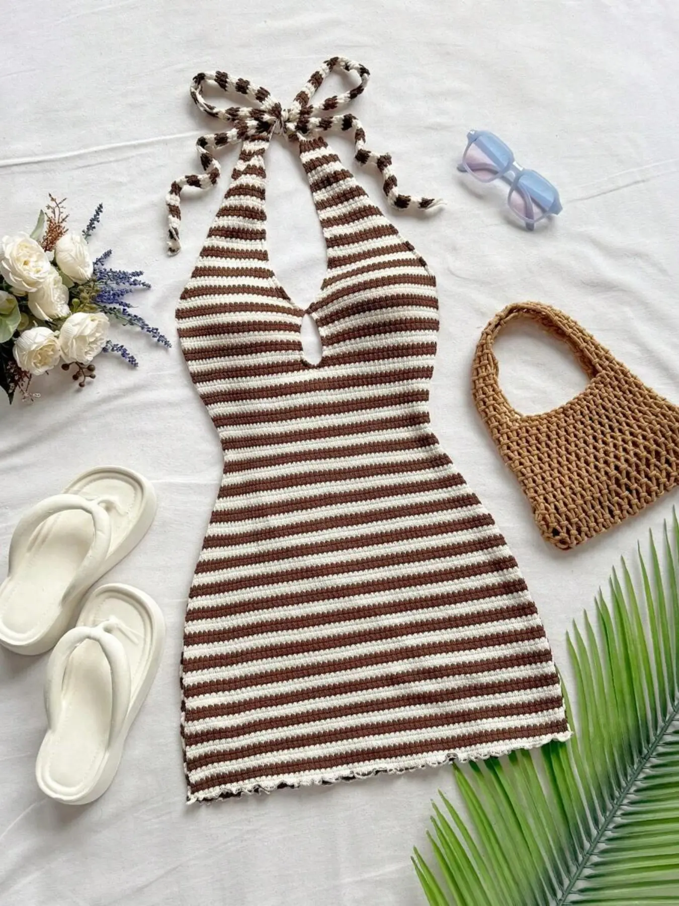 Elegant Boho Style Summer Mini Dress, Off-Shoulder Backless Striped Sleeveless Halter Neck Design, Perfect for Beach Weddings, Graduations, Easter, Music Festivals