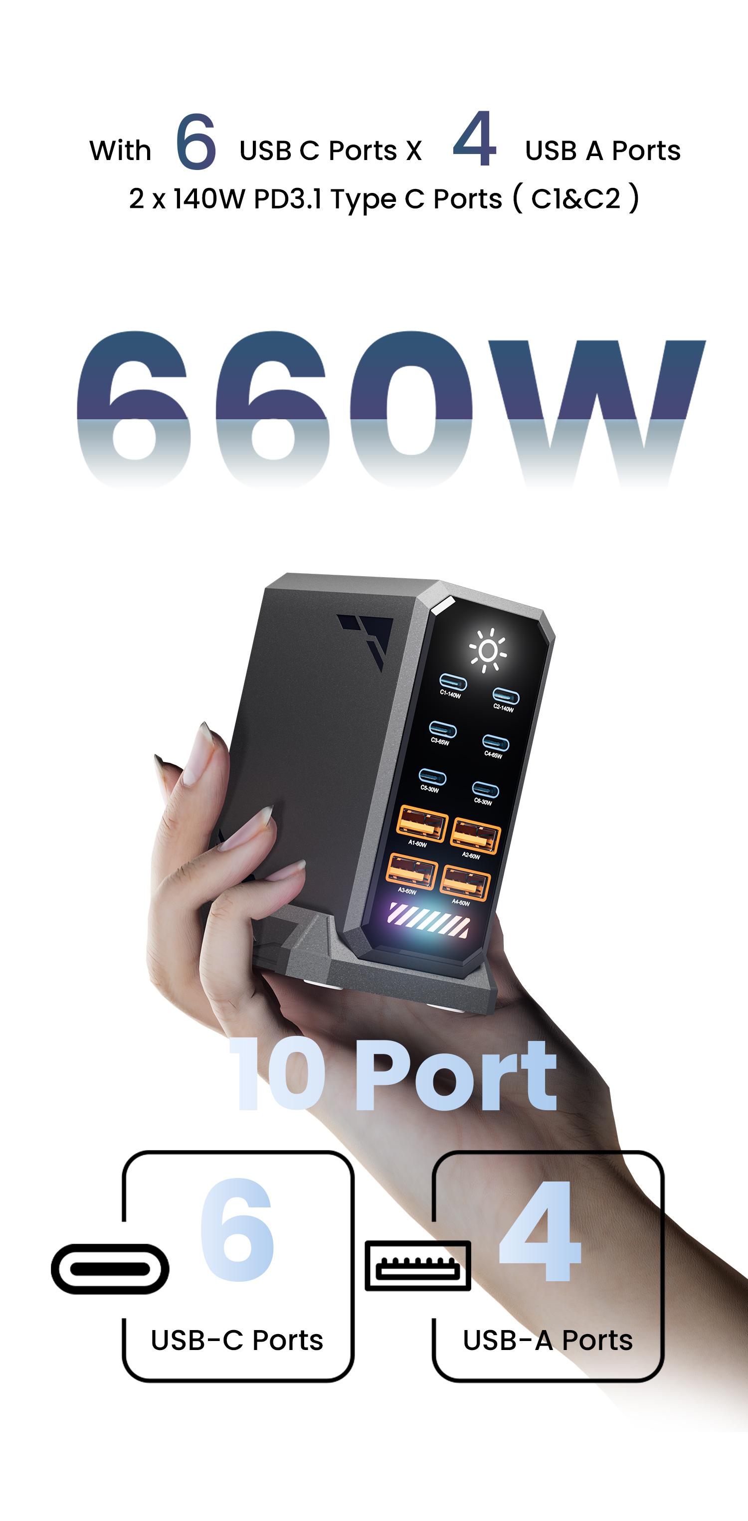 660W GaN USB C Charger Station 10 Port Fast Charger Type C PD3.1 PD3.0 PPS Quick Charger