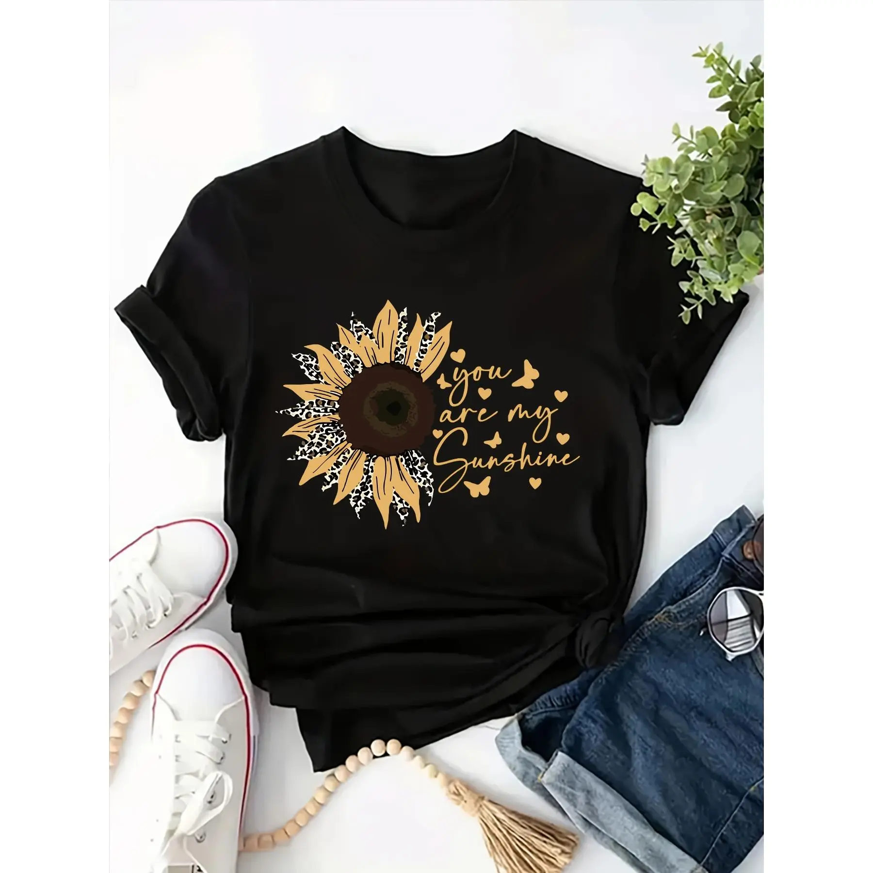Women's Plus Size Short Sleeve Crew Neck Polyester Sunflower Floral T-shirt - Sunshine Letter Print Casual Top for Spring, Summer, Shortsleeve, Fabric, Machine Wash, Sunflower Print, Round Neck, Stretch Fabric