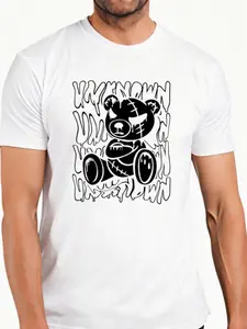 'unknown Sewing Bear' Graffiti Print T-Shirt, Soft Round Neck Top, Trendy Streetwear Casual Shirt, Long Fitted All-Seasons Clothing