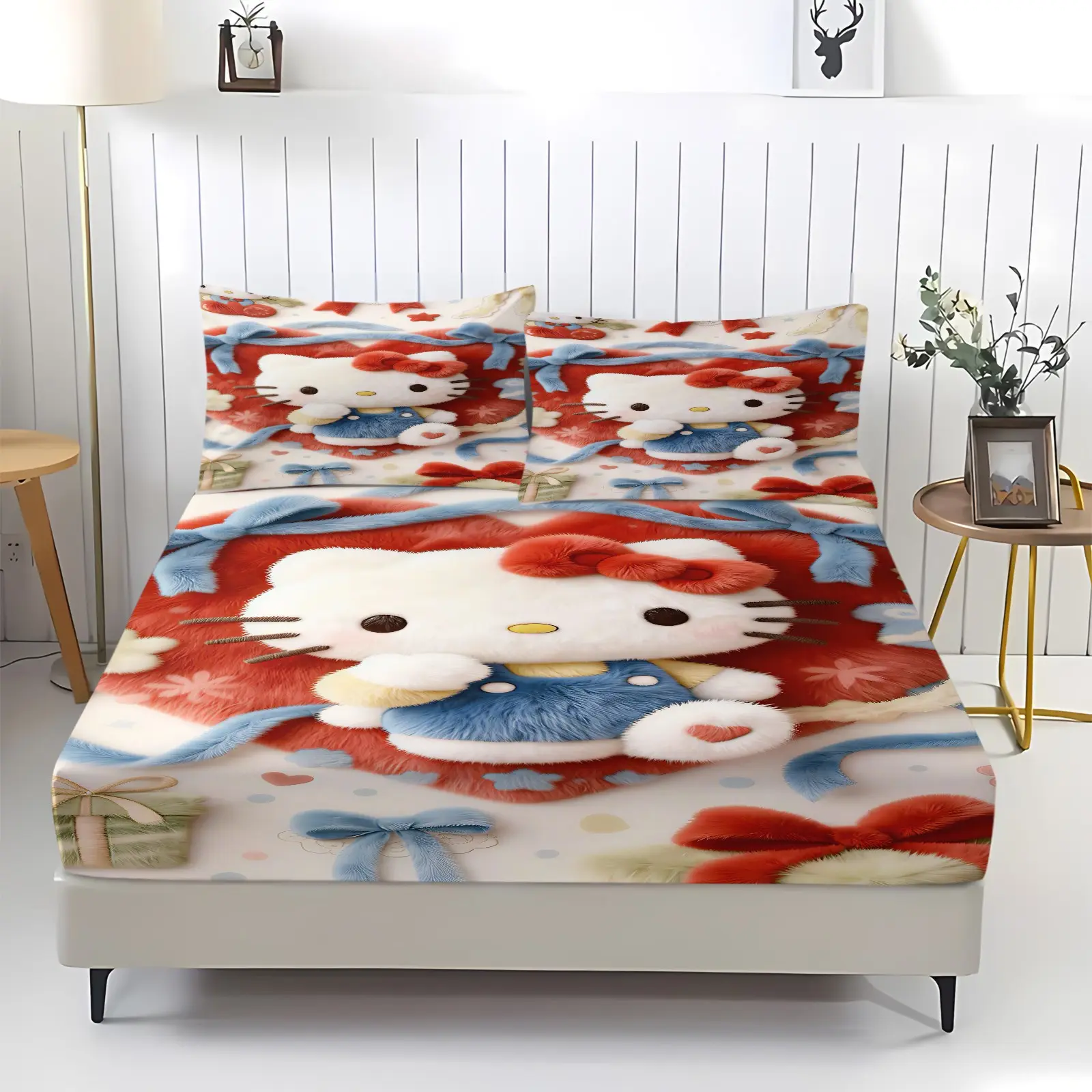 Hello Kitty Themed Patterned Bed Sheet, Bedding Sheets, Comfortable Printed Bedding Set, Including 1 Bed Sheet And 2 Pillowcases, Comfortable Bedding, Anti Slip Dust Cover Suitable For Bedrooms And Guest Rooms, Suitable As a Gift For Children