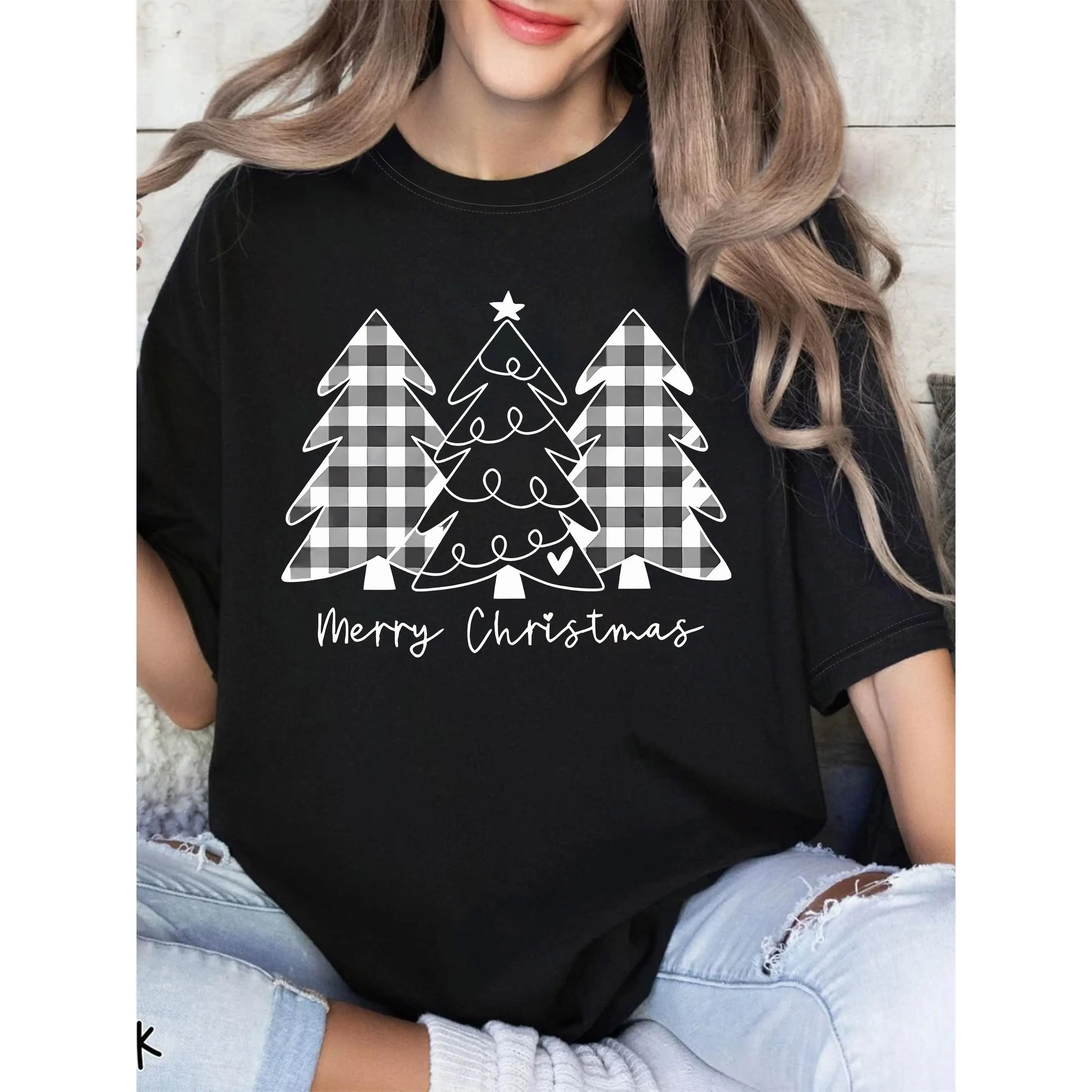 Christmas Tree Graphic T Shirt for Women Men Unisex Black White Short Sleeve Tee Holiday Print Shirt Cute Christmas Casual Streetwear Idea