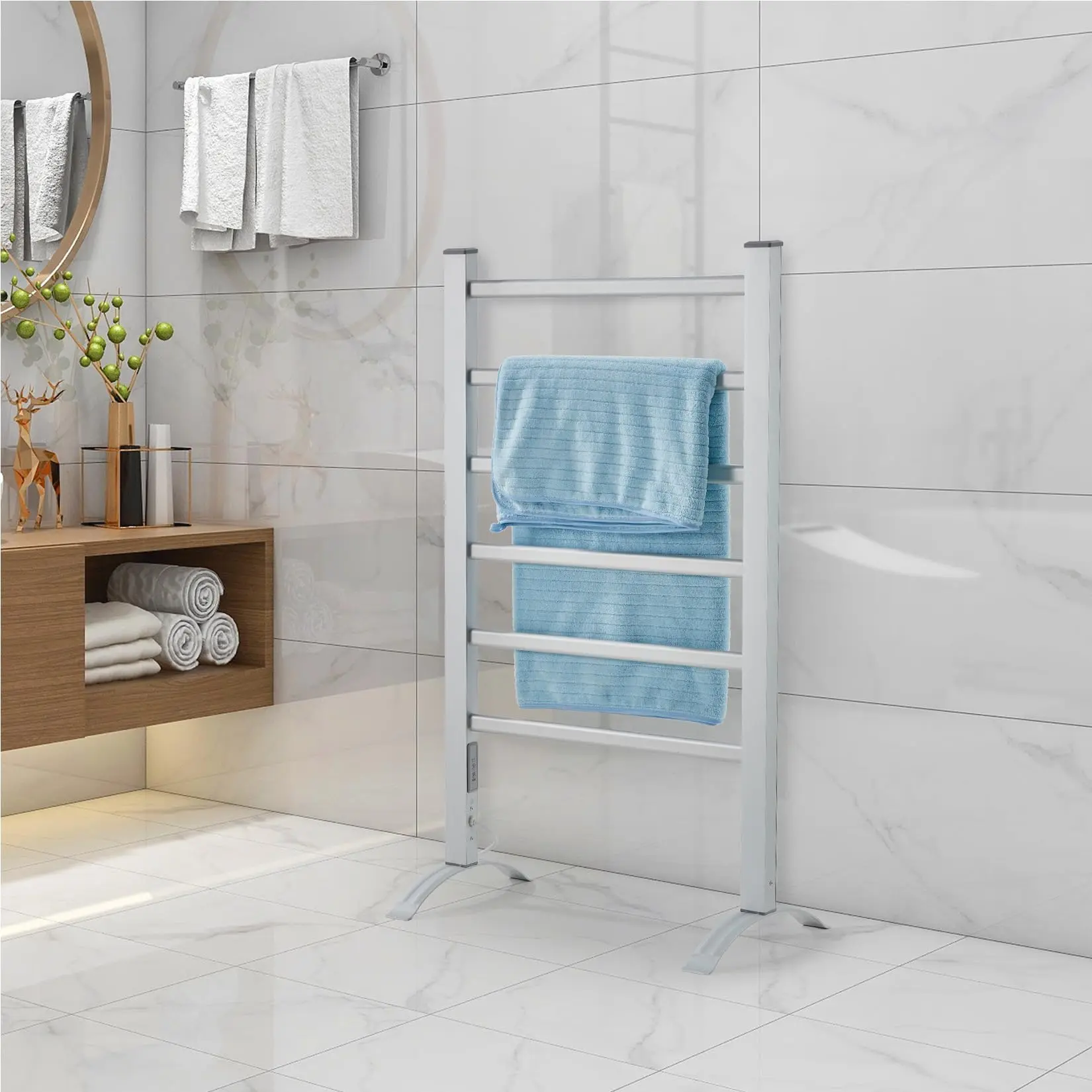 6-Bar Electric Towel Warmer, 105W Plug-in Heated Rack, IP56 Waterproof Aluminum Towel Dryer, 2/4H Timer, Freestanding & Wall Mount, Silver for Bathroom Spa
