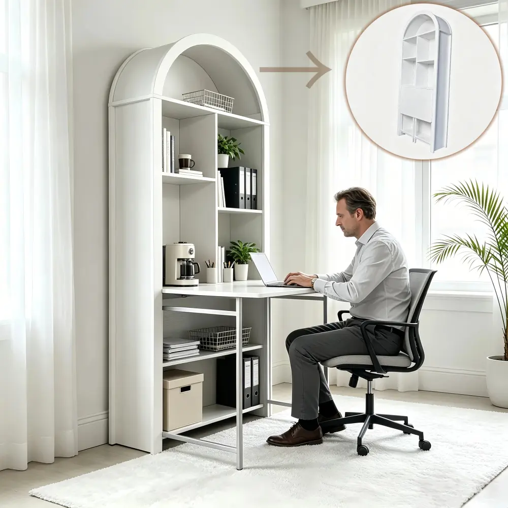 Littleox Folding Craft Desk with Storage Shelves, Convertible Hideaway Desk to Bookshelf, Foldable Desk with Storage, Disappearing Desk for Small Spaces, Multifunctional Converted Craft Table, Vanity Desk