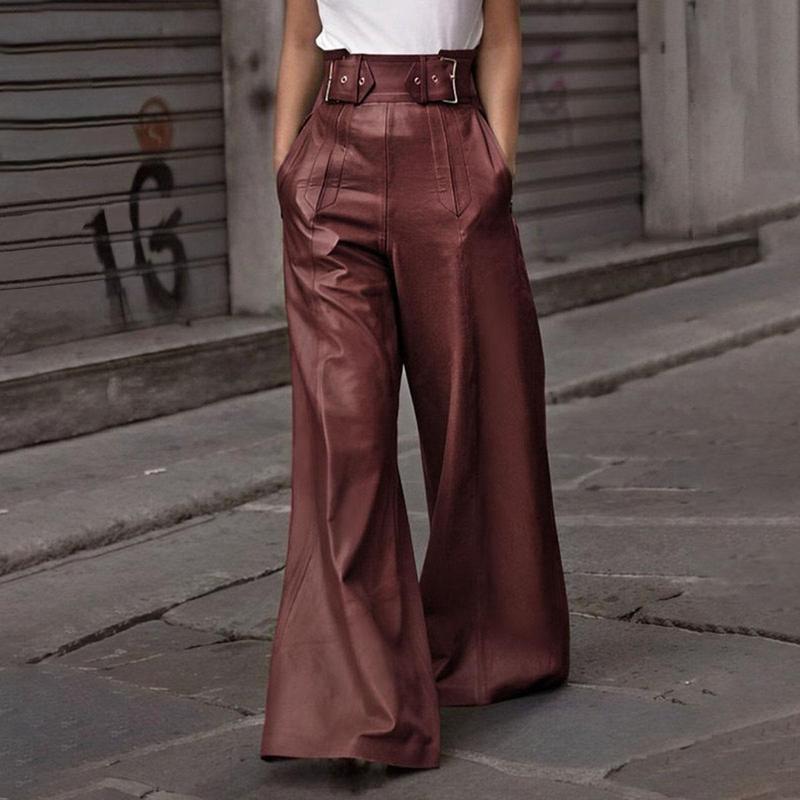 UOOZEE NEW  Women's Faux Leather Pants PU High Waist Wide Leg Pants with Pockets Pleated Going Out Flare Trousers