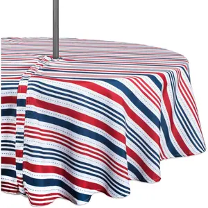 Patriotic Stripes Zippered Tabletop Collection, Stain Resistant & Waterproof, Tablecloth, 60" Round, Red, White, & Blue