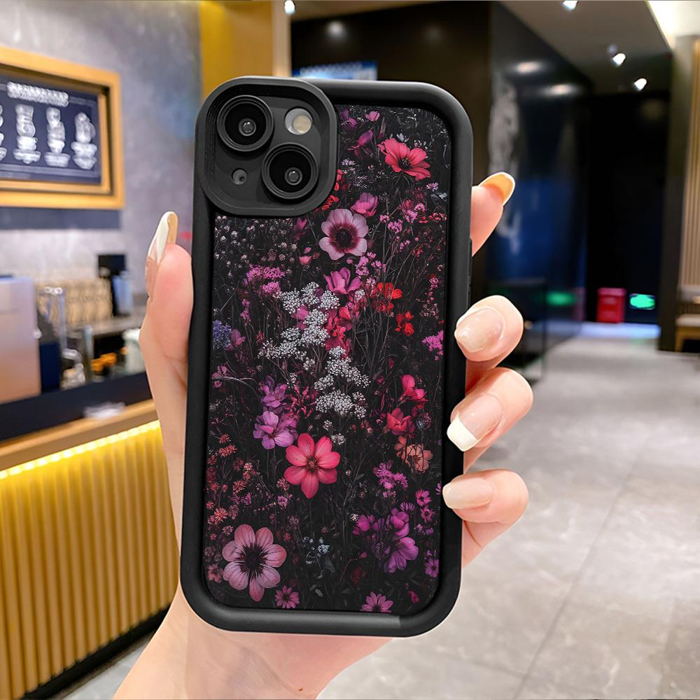 Phone Case - This Stylish Phone Case Suitable for iPhone 17 E Air Pro ProMax iPhone16 15 14 Plus 13 12 Mini 11 X XS XR Features a Floral Pattern,Set Against a Dark Backdrop Adorned with Bright Pink And Purple Blooms,Complemented by Graceful White Flower