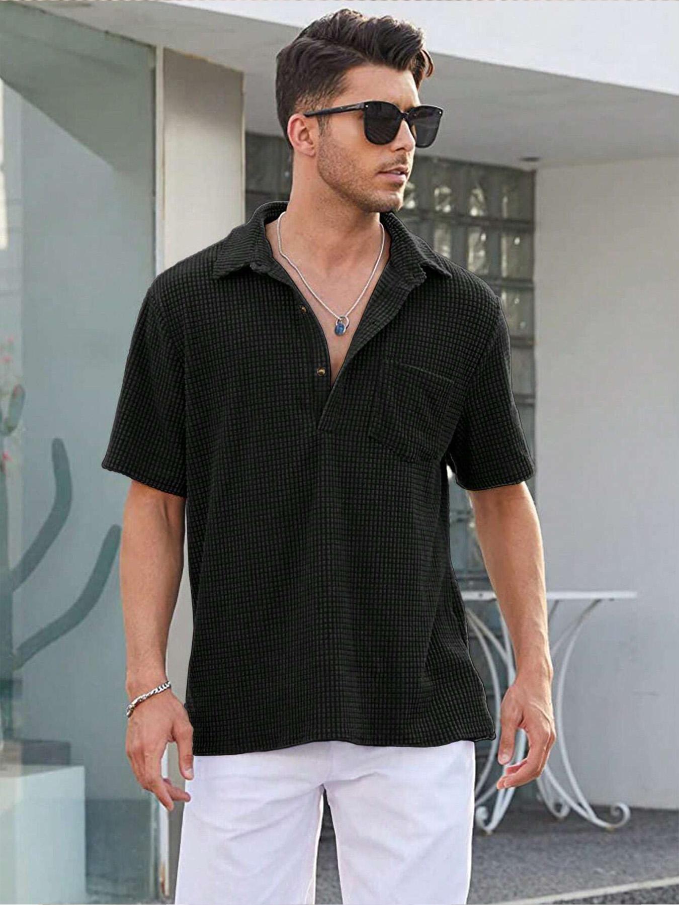 Men's Regular Fit Pocket Button Front Waffle Knit Polo Shirt, Casual Short Sleeve Top for Summer, Menswear for Daily Wear