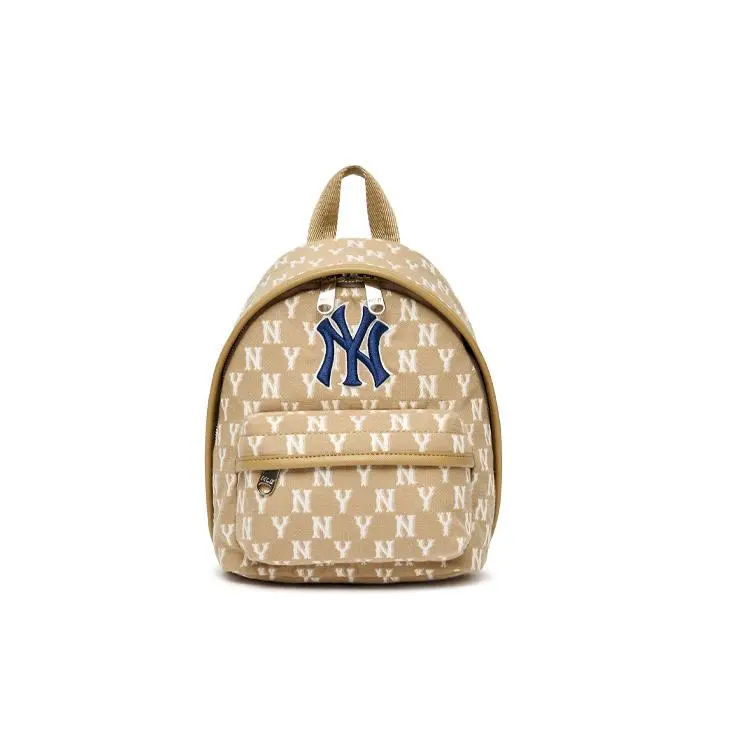 MLB Monogram Vintage Floral Print NY Yankees Cotton Backpack for Women, Mini, Khaki Brown