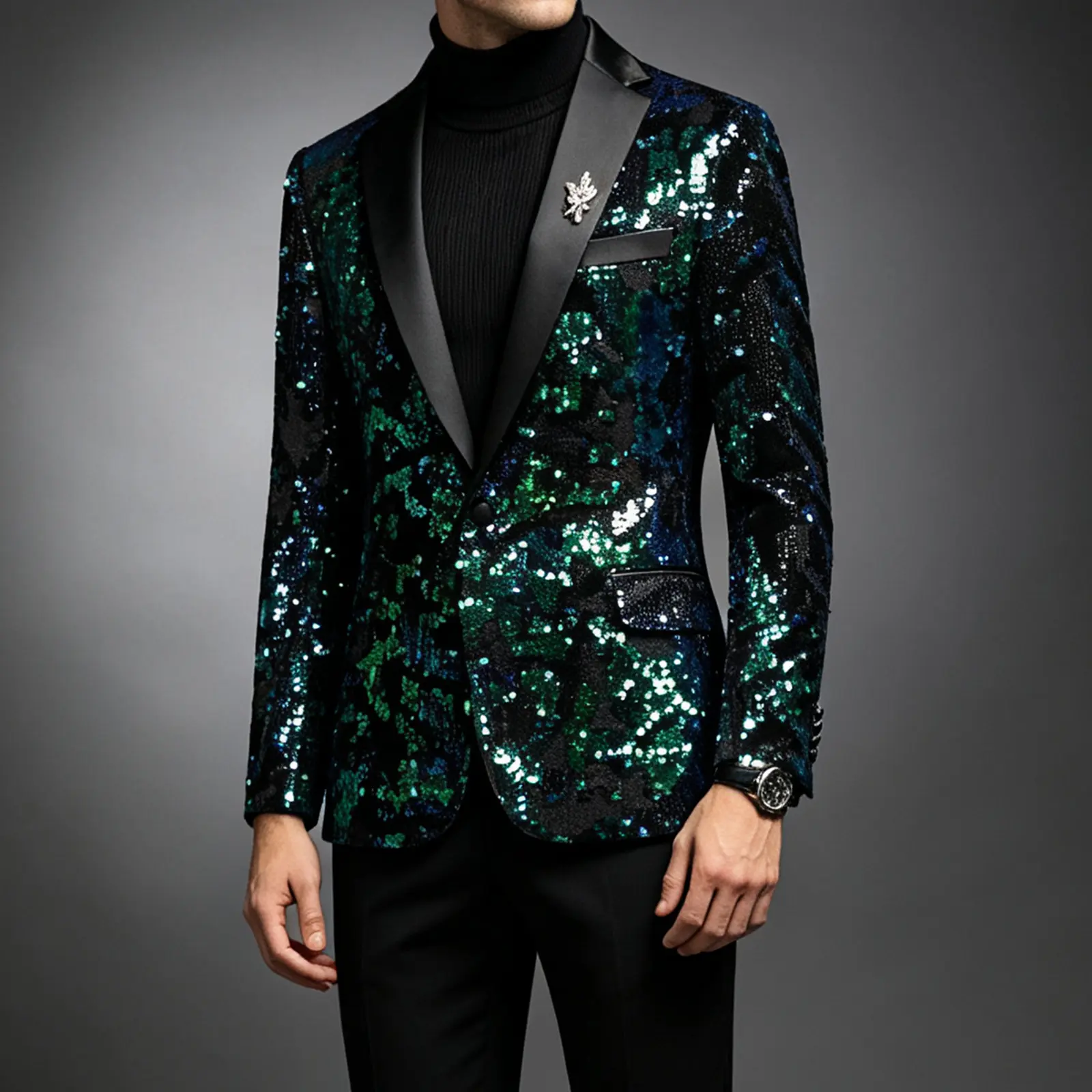 Men's Formal Shiny Green-Blue Sequin Tuxedo Blazer, Satin Lapel, 1-Button Menswear Jacket, Turtleneck-Pairing Dress Piece for Halloween Prom, Wedding, Nightclub