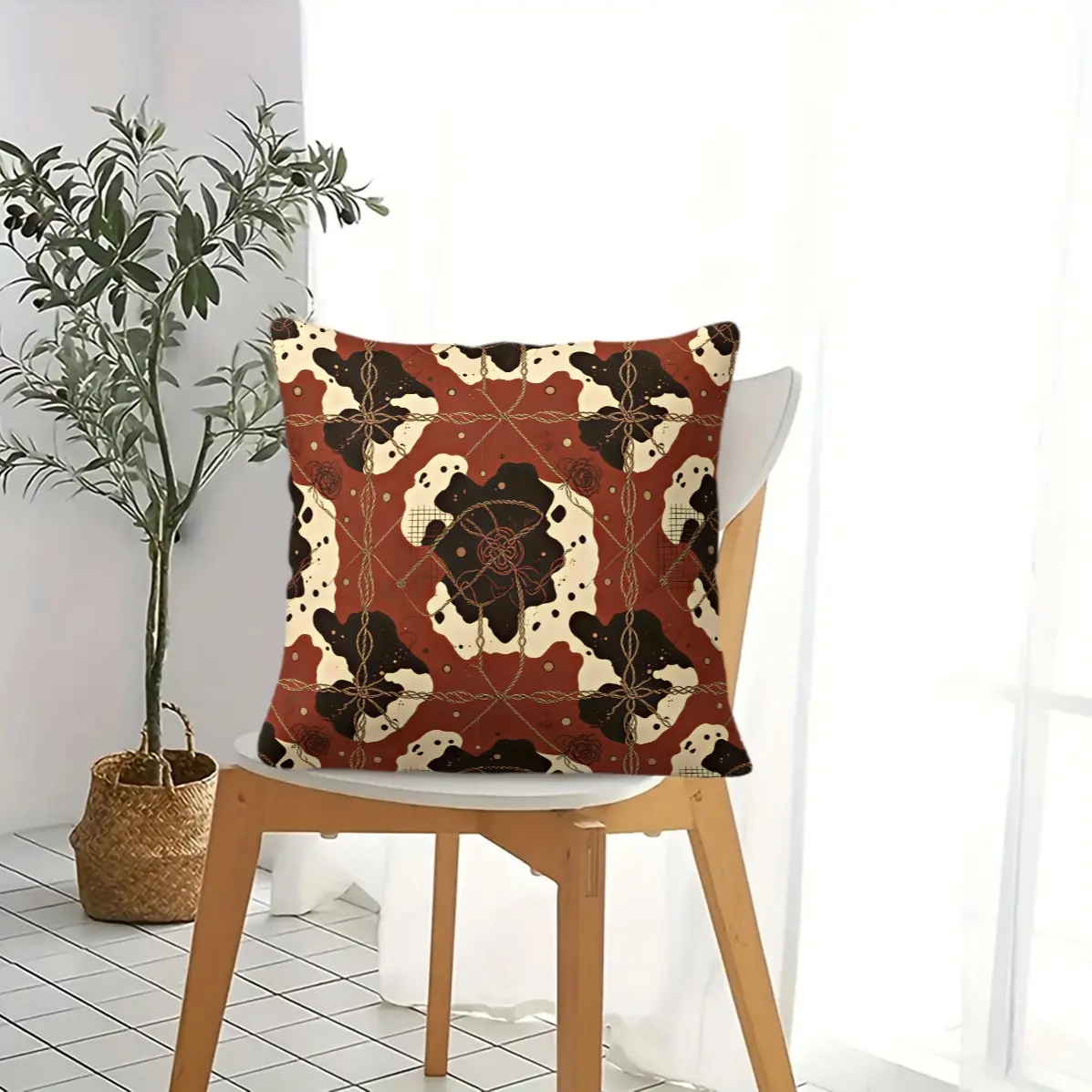 1Pc 45x45cm Western Burgundy Cow Pattern Throw Pillow With Insert | 360° HD Full Print, Hidden Zipper, Machine Washable. Fits Retro Western, Farmhouse, Mid-Century, Vintage French & Caramel Cream Decor, Indoor & Outdoor Dual Use