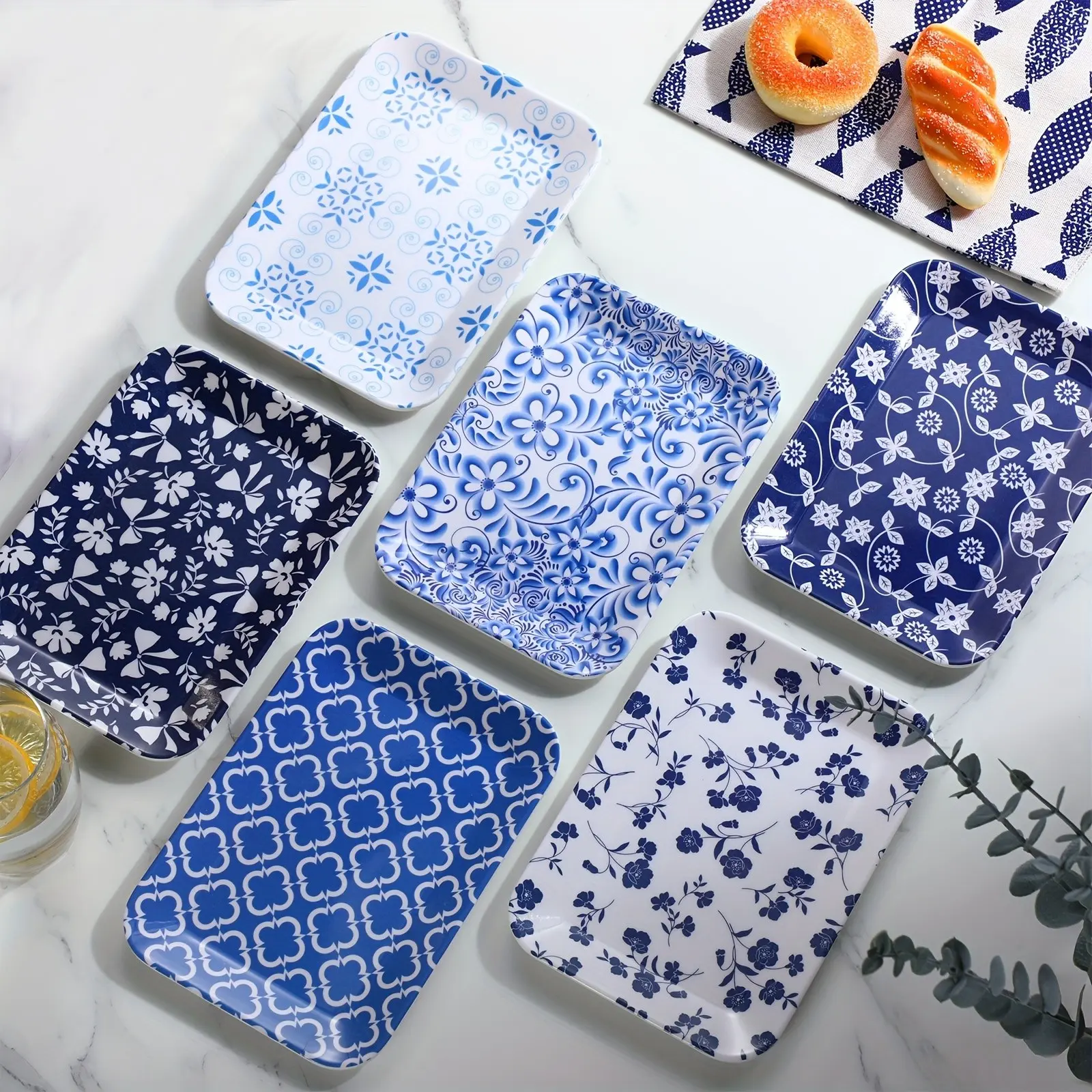 12pcs Boho Style Rectangular Plastic Platters, 8x6 Inch - Heavy Duty Reusable Serving Dishes for Kitchen, Salad, Dessert, Sushi, Appetizer - Modern Design with Blue & White Floral Patterns, Food-Safe Plastic, Salad Serving Dishes | Modern Platter Des
