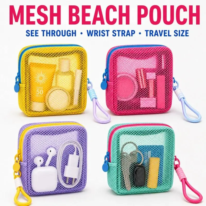 Small Clear Mesh Beach Pouch with Detachable Wristlet Strap, Quick-Drying Cosmetic Bag, Portable Travel Organizer for Sunscreen Keys Cables Beach Vacation