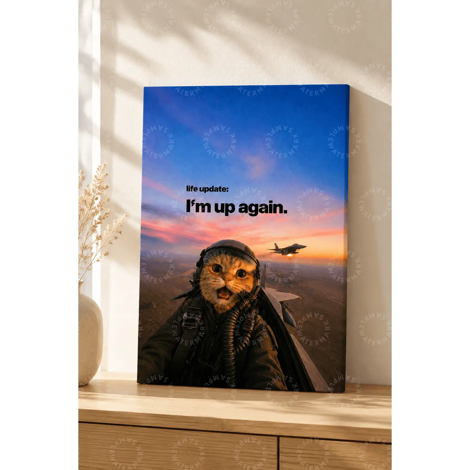 Life Update I’m Up Again Funny Cat Pilot Canvas Wall Art, Aviation Sunset Meme Poster, Cute Pet Aesthetic Decor for Bedroom, Living Room, Office, Dorm, Teen Room, Gaming Room and Cat Lover Gift